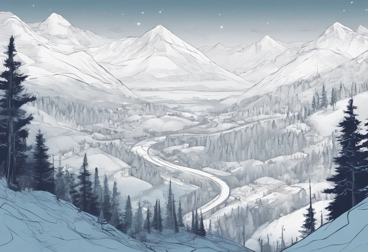 Landscape, hills, deciduous forests, line art illustration, ln the forest, Hand drawn illustrations, illustration, pattern designs, Fantasy Forest, winter, snow, train