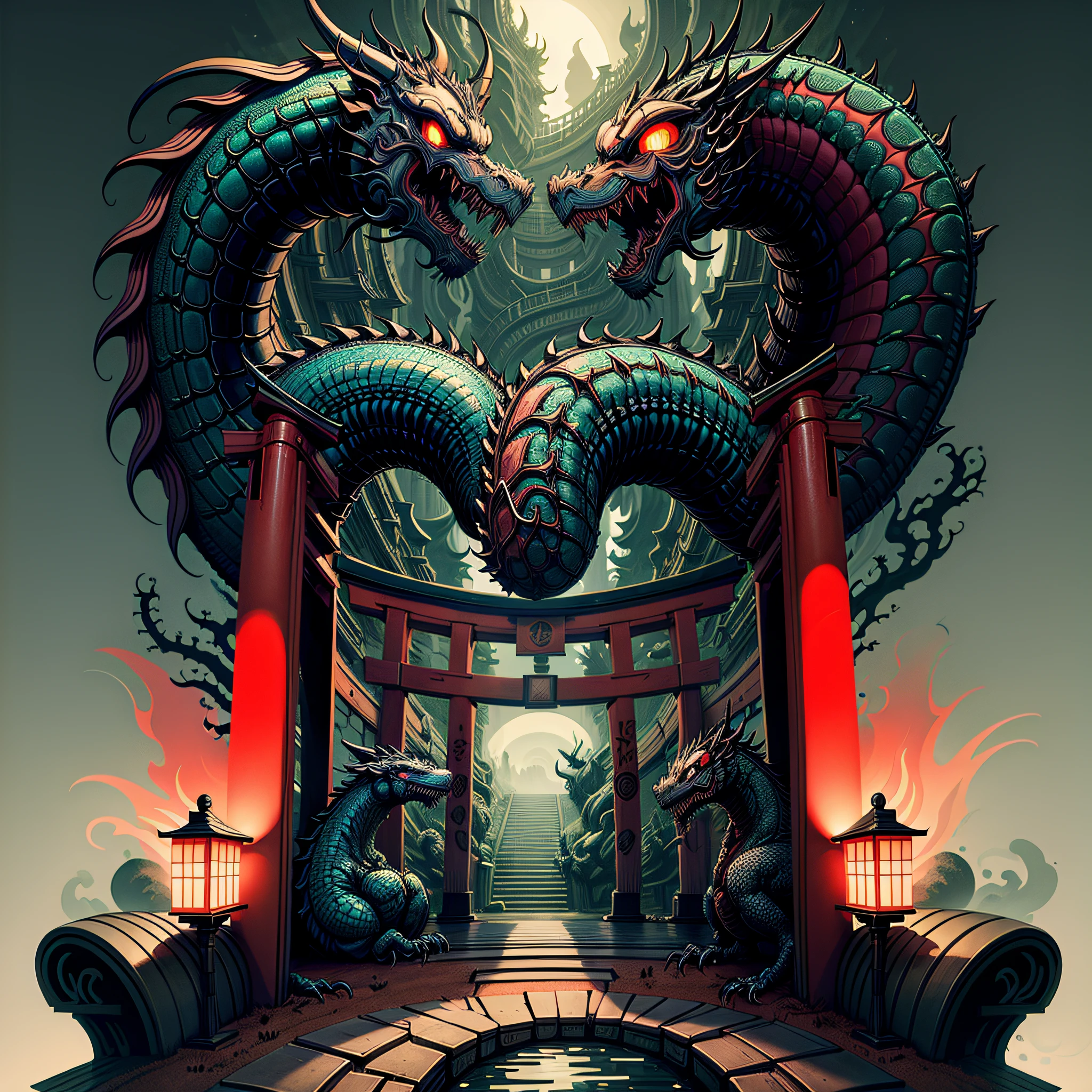 Torii gate japanese, illustrator, masterpiece, high quality, 8k, high resolution, high detailed, Japanese, dragon, sticker