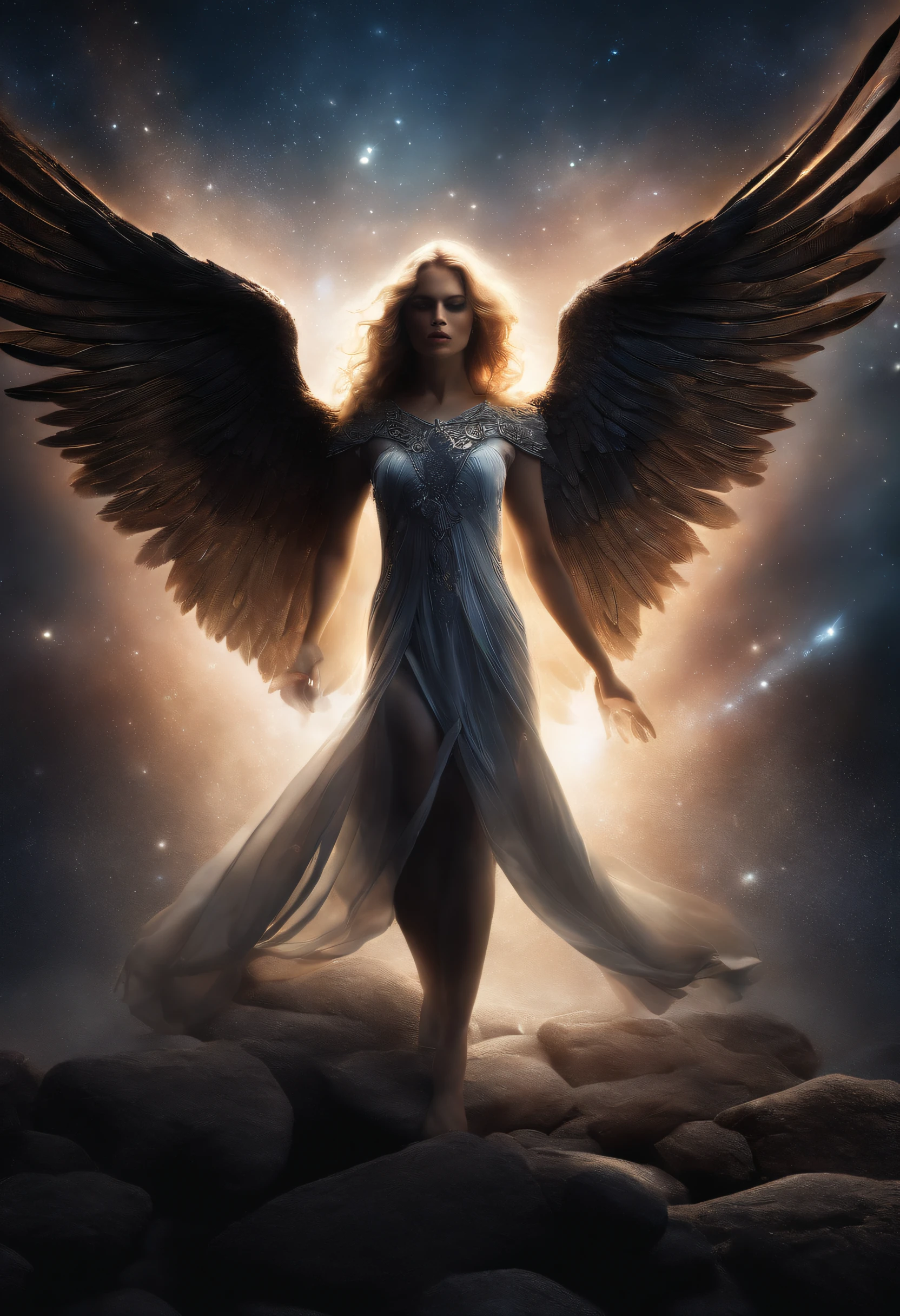 cosmic fallen angel, olhos claros brilhantes, Biomechanicals, estranho, assustador, Pesadelo, cores muito brilhantes, light particles, com luz brilhante, Mshiff, Arte do papel de parede, Papel de parede UHD, roupa azul, fundo branco