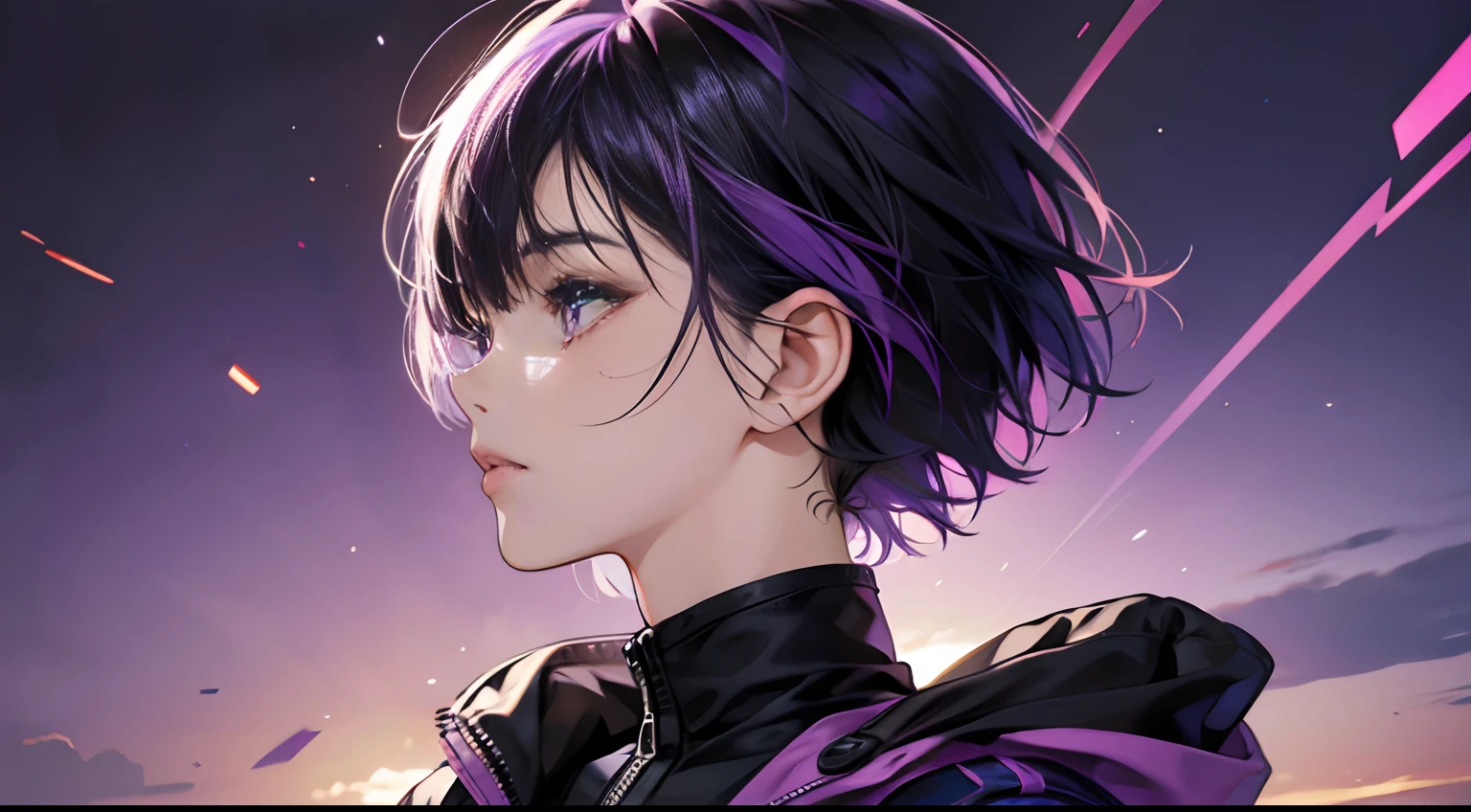 (Best Quality,4K,High resolution), girl with, Purple mesh hair on black hair, Hair is short disheveled short hair, Eyes, Lonely eyes, Intricately decorated purple jacket with high neck,Gradient color background without unnecessary depiction,disheveled short hair,Front Camera Angle,profile、comic strip,animesque,Comical illustration,,Deformed cute illustration,