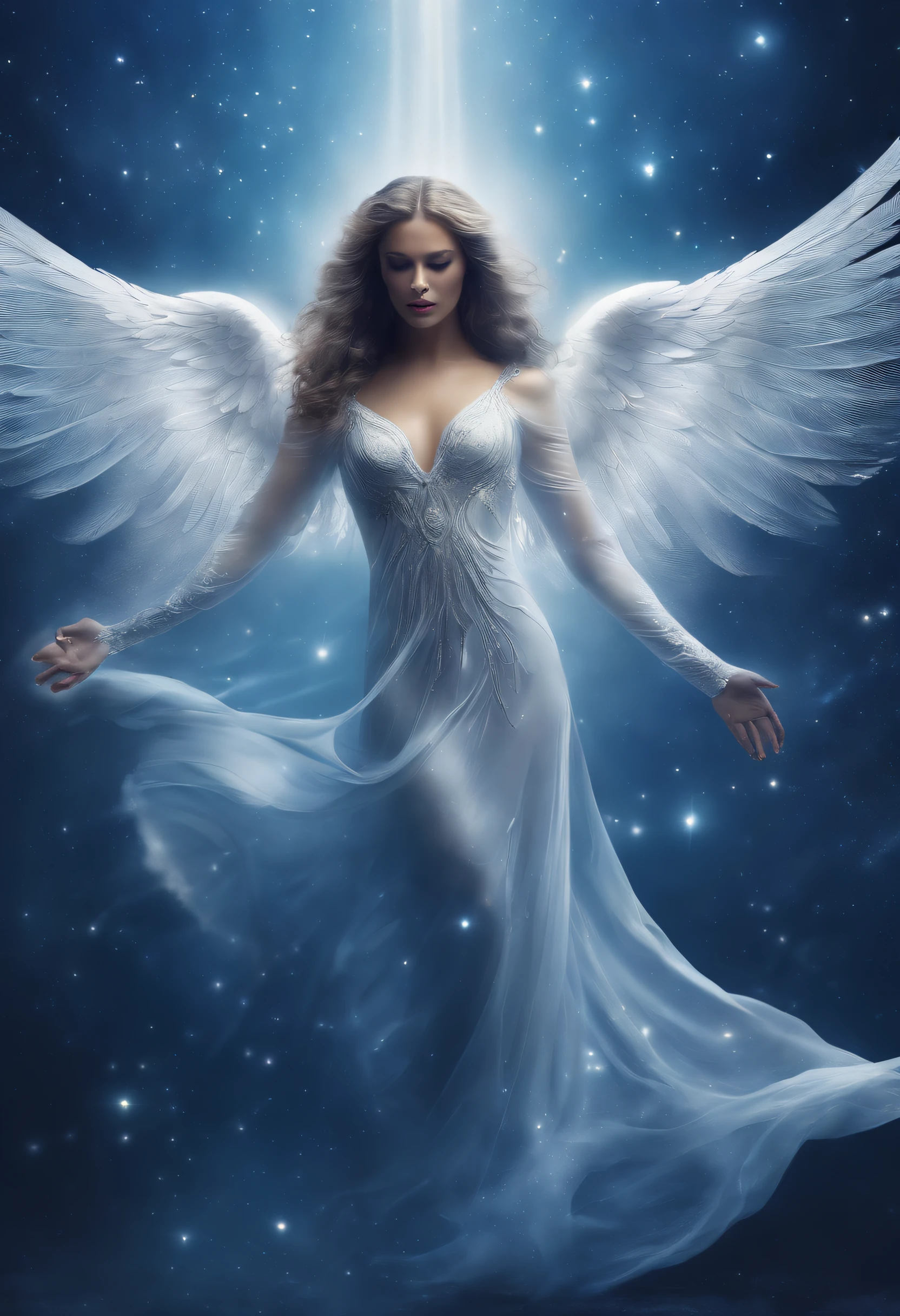 a beautiful angel with large wings, full body, mystical fairy tale, deep space sky, black and white, Jeremy Mann style, Louis Icart style, Valentin Serov style, Makoto Kobayashi style, Karol Buck style, (best quality,4k,8k,highres,masterpiece:1.2),ultra-detailed,(realistic,photorealistic,photo-realistic:1.37),HDR,UHD,studio lighting,ultra-fine painting,sharp focus,physically-based rendering,extreme detail description,professional,vivid colors,bokeh