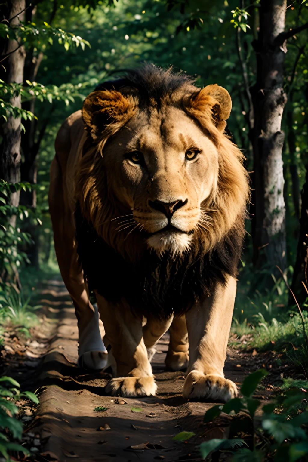 Lion in the forest in fear