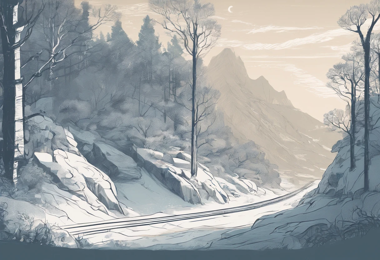 Landscape, hills, deciduous forests, line art illustration, ln the forest, Hand drawn illustrations, illustration, pattern designs, Fantasy Forest, winter, snow, train