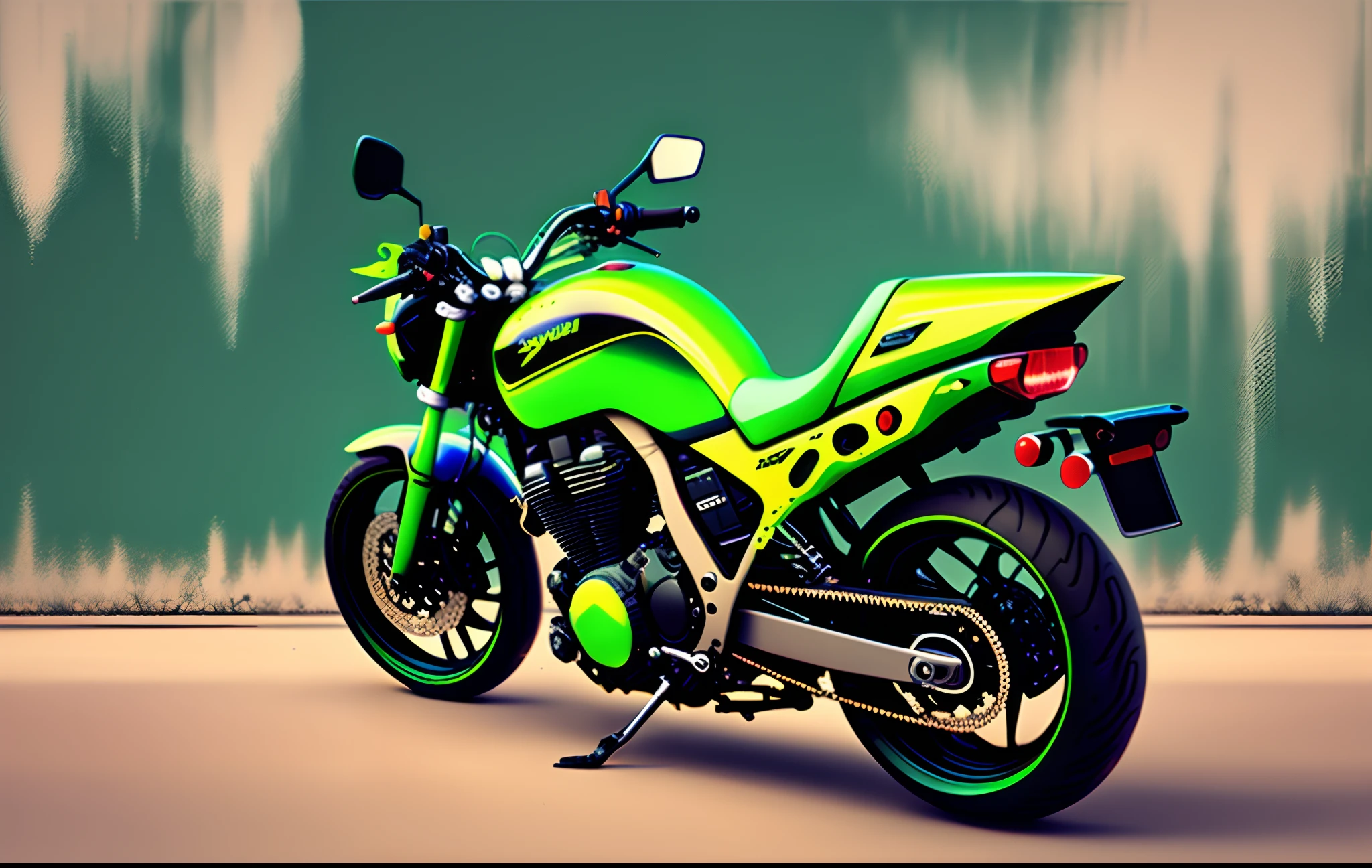A black Kawasaki z800 motorcycle with wheels painted lime green