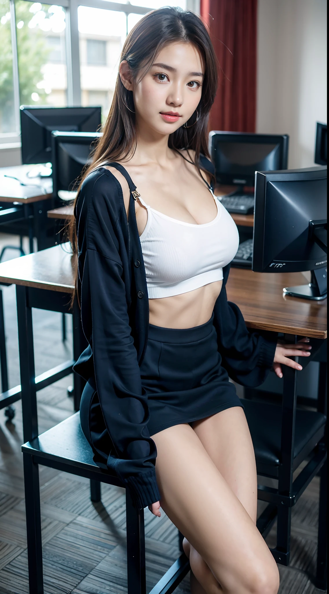 (Realistic:1.2), 18yo Girl, sexy outfit , sitting, computer classroom