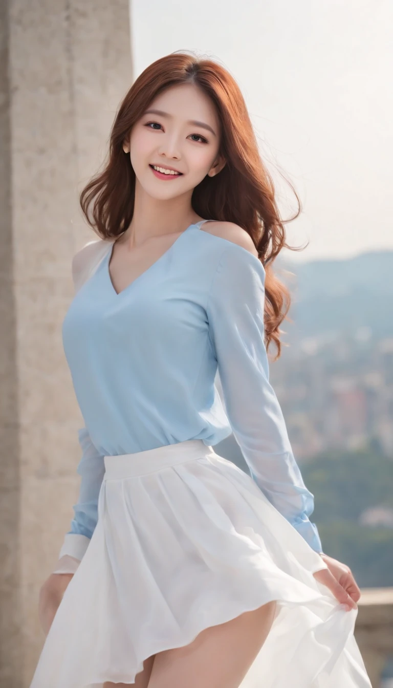fullnude, masterpiece, Sharp Focus, (Beautiful gorgeous cute korean woman:1.3), (Beautiful cute korean woman:1.3), Korean beauty, Delicate Beautiful Hair and Eyes and Face, realisitic, ultra-detailliert, a beauty girl, blue-sky, Glow white particles, (side lights:1.2), rays of sunshine, white clouds, Fine clouds, A slender, Pretty breasts and big buttocks, Show your teeth and smile, ((Smile with your eyes, open both eyes)), scenic, long straight hair、sexy facial expression、建筑、(A city scape:1.7)、Dynamic hair、long straight hair、Detailed platinum pink hair、glowingblueeyes、(Blue Pleated Shirt + white skirt)、White Long Socks、de pele branca、hair adornments、Epic Landscapes、