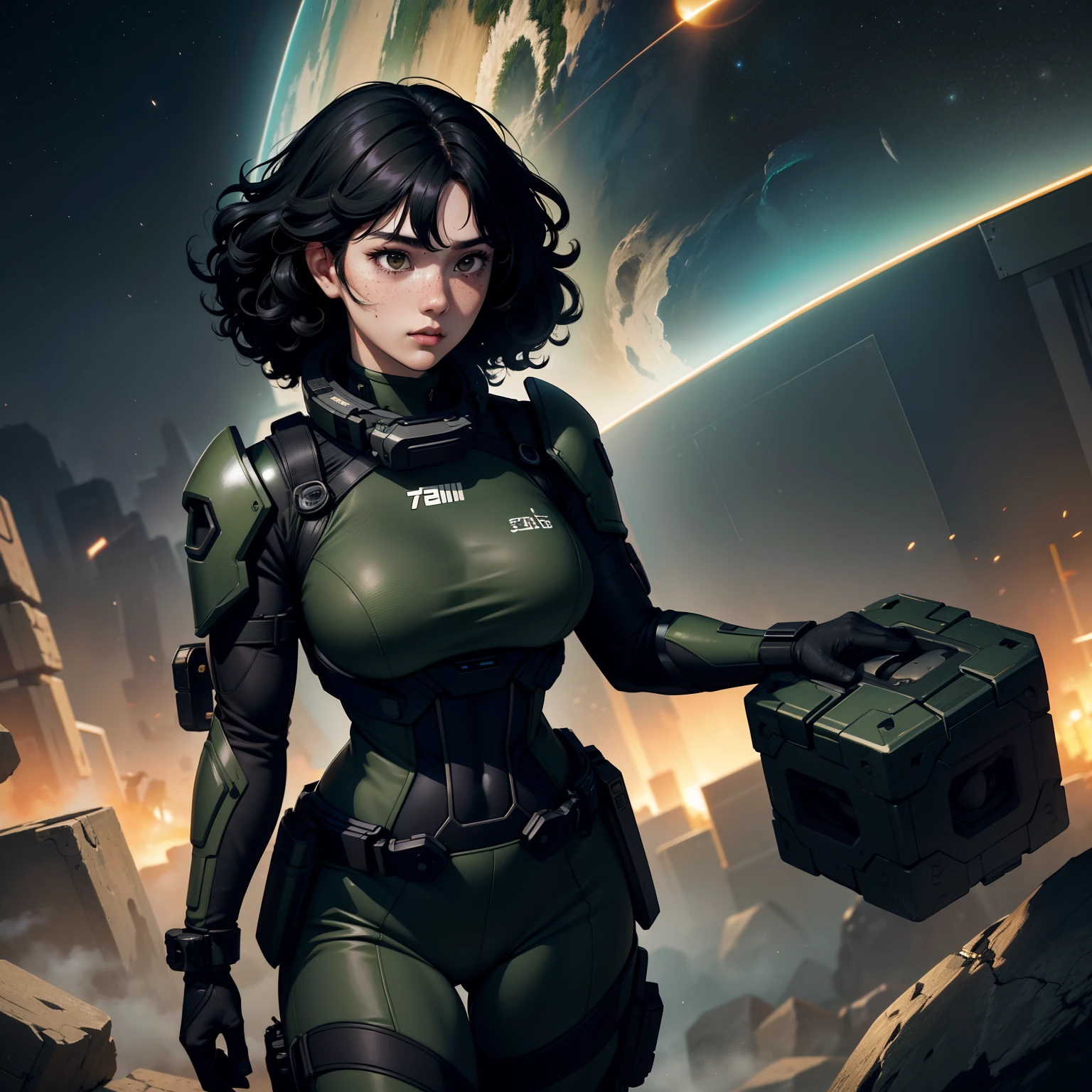 A 20-year-old girl,中景 the scene is,Curly black hair,curlies,full bodyesbian,korean people,and freckles on his face,Wearing a heavy spacesuit in dark green and black,The background is many huge black cuboids。