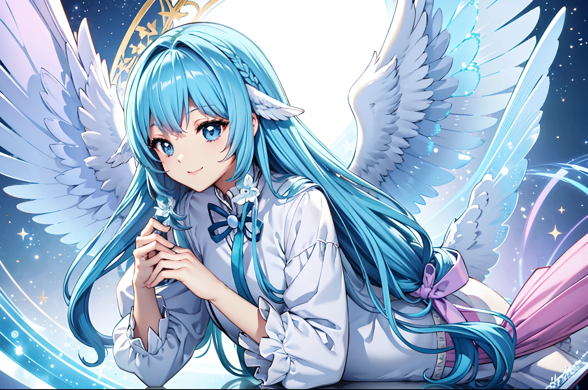 Angel wings shining in seven colors、Kawaii Girl、adorable smiling、Light blue long hair、Twin-tailed、Colorful angel costume、((top-quality))、((masterpiece))、(ighly detailed、highestdetailed、Official art、Beautifully Aesthetic:1.2)