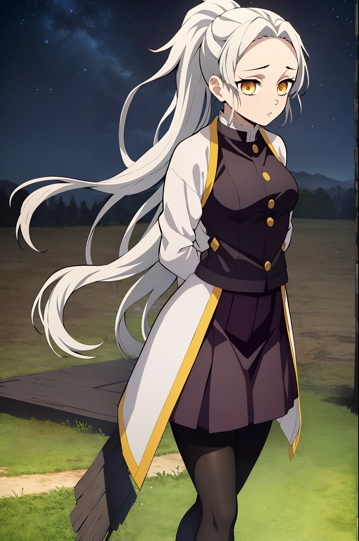 kimetsu no yaiba style, 1girl, solo, light gray hair, ponytail, long hair, forehead, messy hair, big hair, golden eyes, bags under eyes, eyes highlights, serious, neutral, small breasts, petite, black clothes, demon slayer uniform, (short skirt), pantyhose, long sleeves, ((arms behind back)), upper body, looking at viewer, standing, starry sky, night, scenery, outdoors, field, nature, beautiful, ultra quality, constellations, masterpiece, best quality, 8k,