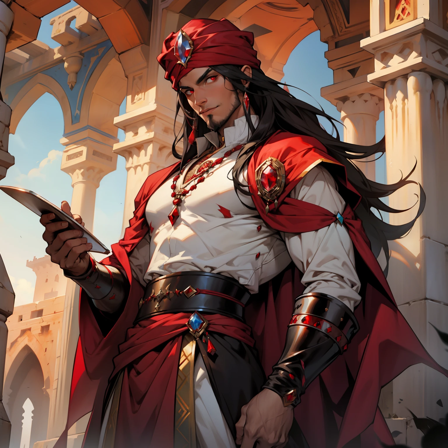 Moroccan Lord Dracula with Red Turban Handsome Muscular Warrior Long Hair White Red Eyes Medieval Crystal