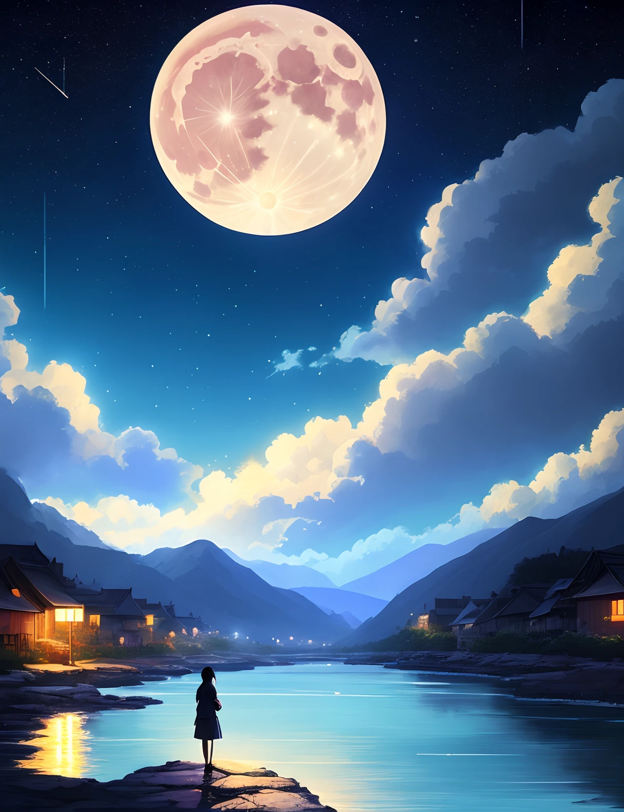 A painting of the river and the stars and the moon in the sky, with bright colors, by Makoto Shinkai. Concept art inspired by Tosa Mitsuoki, pixiv contest winner, best quality, fantasy art, beautiful anime scenes, golden moon. A bright moon, starry sky environment under the moonlight, dream painting, anime background art, fantasy landscape art, dreamy night, anime background, background artwork, dreamy art, atmospheric anime, starry sky, details enhanced.