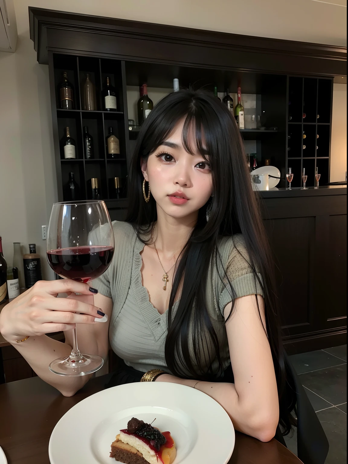 Woman sitting at a table with a plate of food and a glass of wine, Mulher sul-coreana bonita, linda mulher coreana jovem,  coreana, Ulzzang, she holds a glass of wine, mulher coreana jovem bonita, com uma bebida, cruel korean goth girl, Mulher coreana, ela tem cerca de 2 0 anos, ela tem cerca de 20 anos, beber vinho