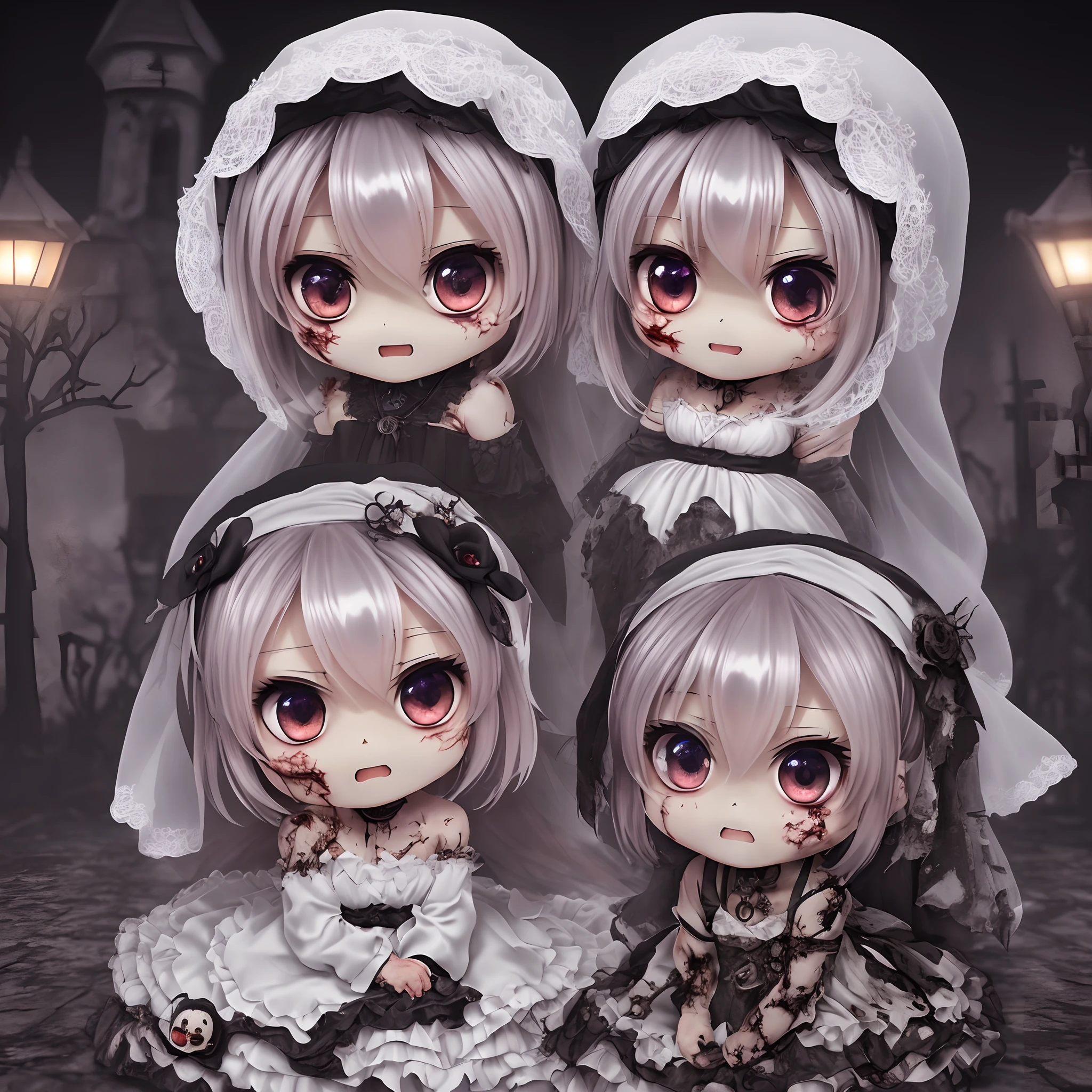 Cute Baby Chibi Anime,(((Chibi 3D))) (8k wallpapers with highly detailed CG units, masutepiece, Best Quality, Ultra-detailed), (The best lighting, Best Shadow), (Perfect and symmetrical surface (((Zombie Woman, rotting skin))), With eyes that reflect the beauty of the world), Attractive, floating, High resolution, Dynamic Angle, Dynamic Pose, graveyard background, Spooky and eerie night.weddingdress、Hair veil(Chibi:1.5)　Surprised look and behavior　single body