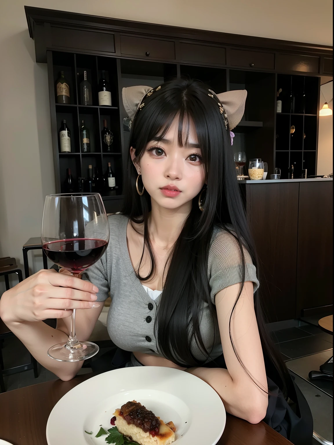 Woman sitting at a table with a plate of food and a glass of wine, Mulher sul-coreana bonita, linda mulher coreana jovem, coreana, Ulzzang, she holds a glass of wine, mulher coreana jovem bonita, com uma bebida, cruel korean goth girl, Mulher coreana, ela tem cerca de 2 0 anos, ela tem cerca de 20 anos, beber vinho