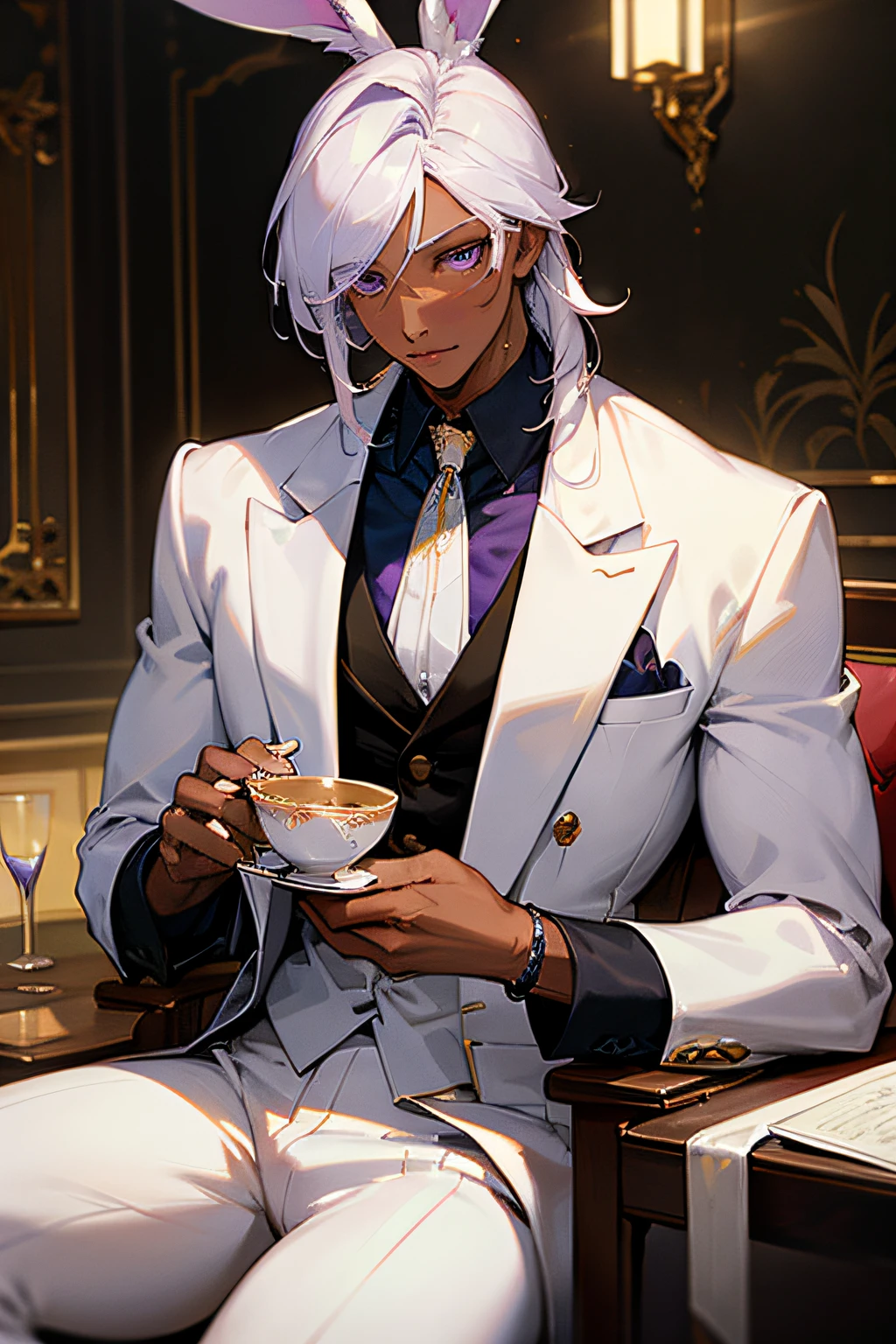 ((masterpiece)),HDR, 1man, a handsome male viera with dark skin sipping a cup of tea, mid-length hair, handsome man, best quality, perfect arms, perfect face, Perfect hands, perfect eyes, purple eyes, white hair, 3 piece suit
