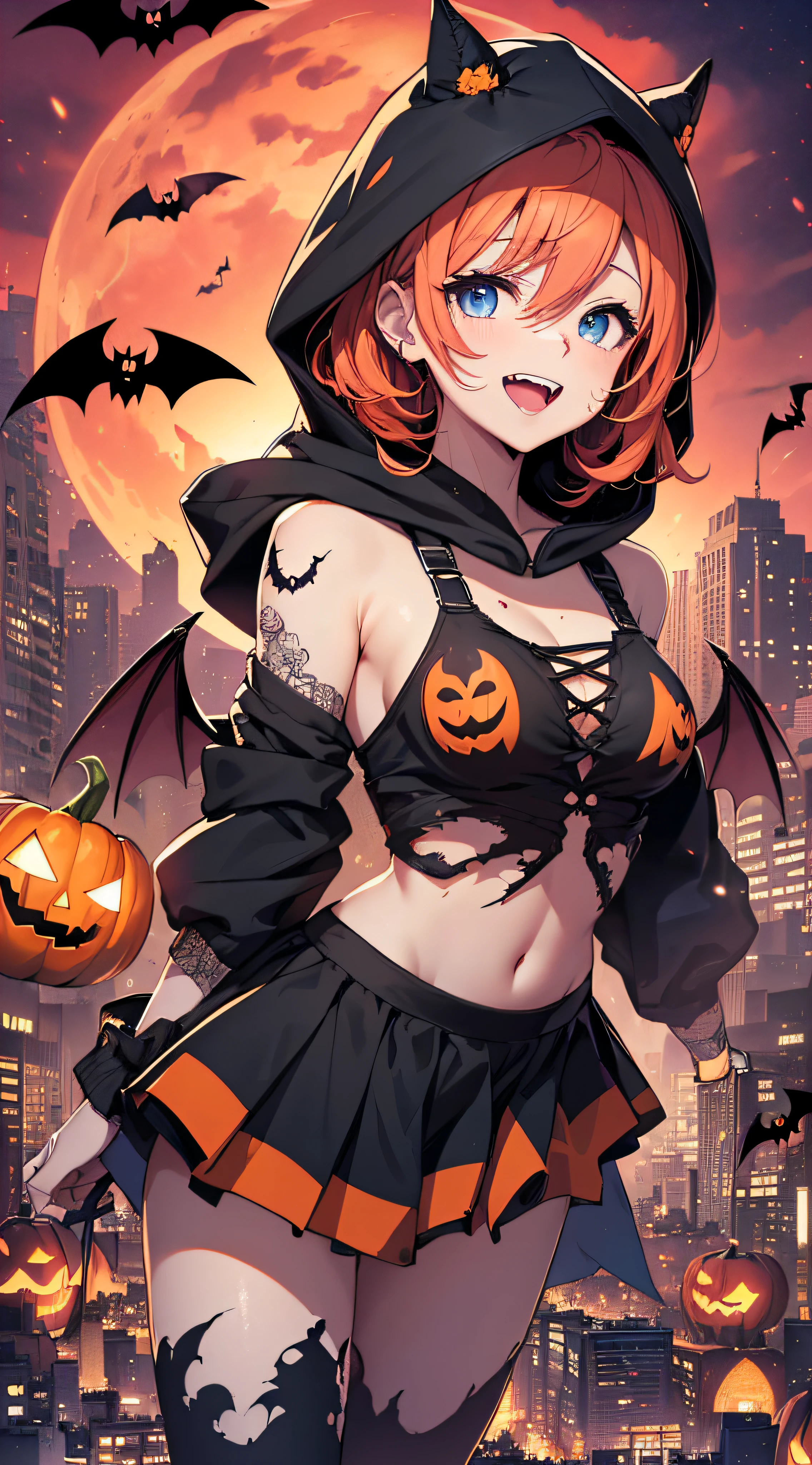 hyper detailed/wet sexy body/ massive breasts/ brown tanned skin/ long black hair/ abs/ blue eyes/ hourglass physique/ black leather shorts/ black & red leather vest/ glowing yellow moon/ night time/ huge jack o lanterns/ raining/ graveyard/ sitting on headstone/ female/ wind blowing/ black and yellow boots/ witch hat/ visible magic/ Halloween/ bats/ colorful sky/ Devil/ veiny muscles