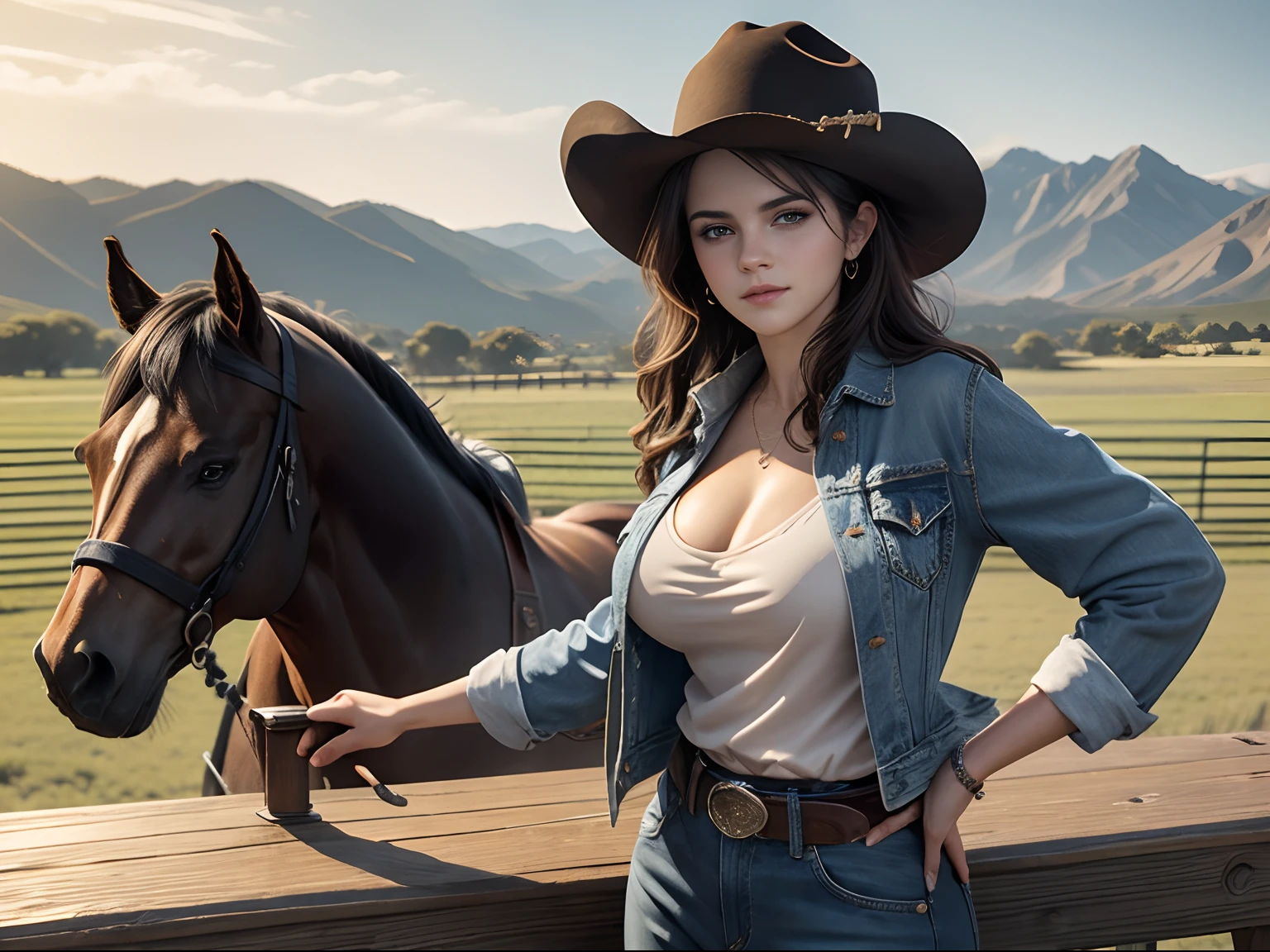 city, woman ((Selena Gomez:Emma Watson :0.8))), Middle Aged Woman,(( Big breasts :1.1)), self-shot, jeans, jacket, elegant, a horse behind, ((A horse in a ranch)) cowboy shot, open field, depth of the field shot taken, centred shot, wide angle shot, horses behind her, wide shot, best nature view, clear sky, best quality, ultra-high-resolution, (photorealistic: 1.4), Ultra detailed, Stunningly Detailed