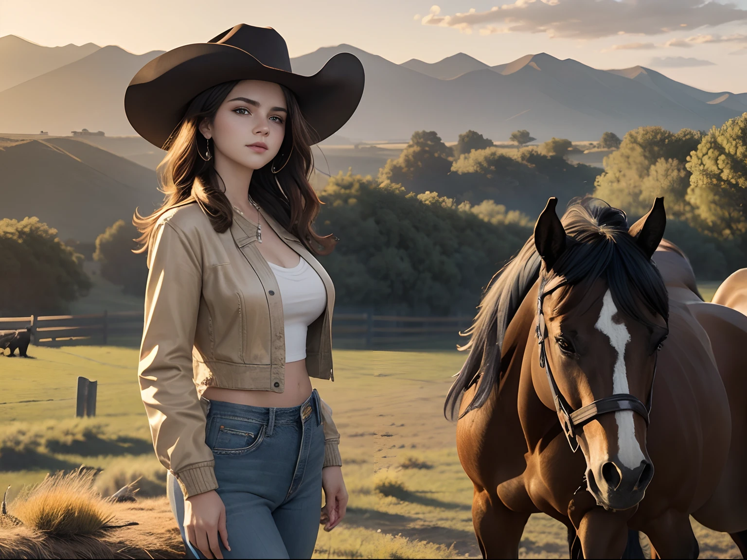 city, woman ((Selena Gomez:Emma Watson :0.8))), Middle Aged Woman,(( Big breasts :1.1)), self-shot, jeans, jacket, elegant, a horse behind, ((A horse in a ranch)) cowboy shot, open field, depth of the field shot taken, centred shot, wide angle shot, horses behind her, wide shot, best nature view, clear sky, best quality, ultra-high-resolution, (photorealistic: 1.4), Ultra detailed, Stunningly Detailed