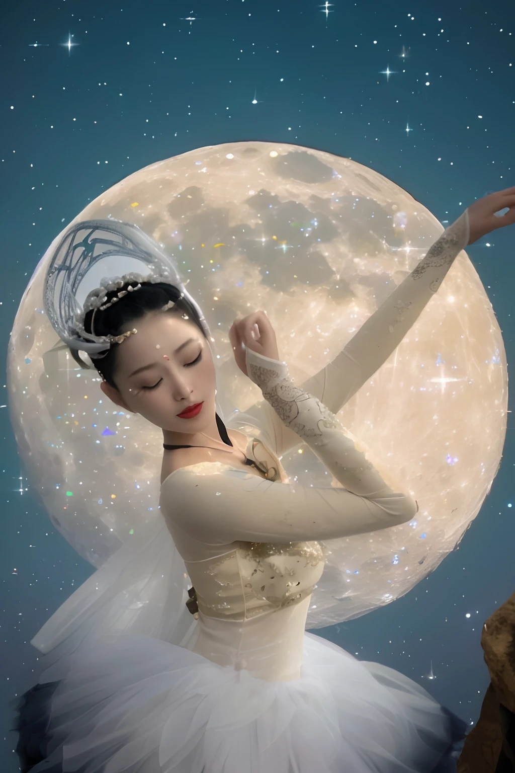 There is a woman in a tutu posing before the full moon, lunar goddess, lunar themed attire, the moonlit dance of the fae, inspired by Tang Yin, lunar goddess, shaxi, Goddess of the moon, Inspired by Qiu Ying, lulu chen, themed on the stars and moon, xianxia fantasy, the moon behind her, Lu Ji