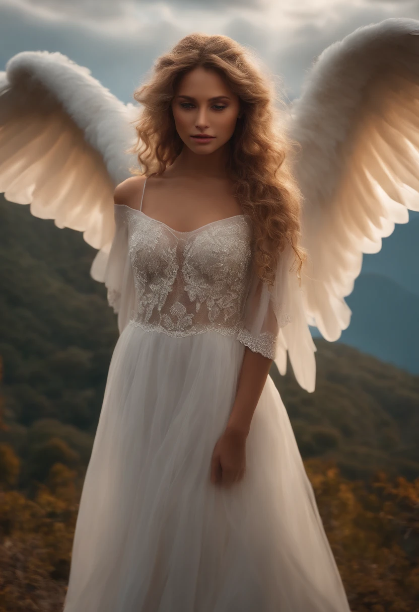 (realistic:1.3), finely detailed, quality, lighting rembrandt, (masterpiece:1.2), (photorealistic:1.2), (best quality), (detailed skin:1.3), (intricate details), dramatic, ray tracing, 1girl, white american girl, long curly blonde hair, 21 years, full breasts,angelic wings,white swinged dress, (Meadow, Sun, Clouds, sky, paradise, Starlight, Path trail)