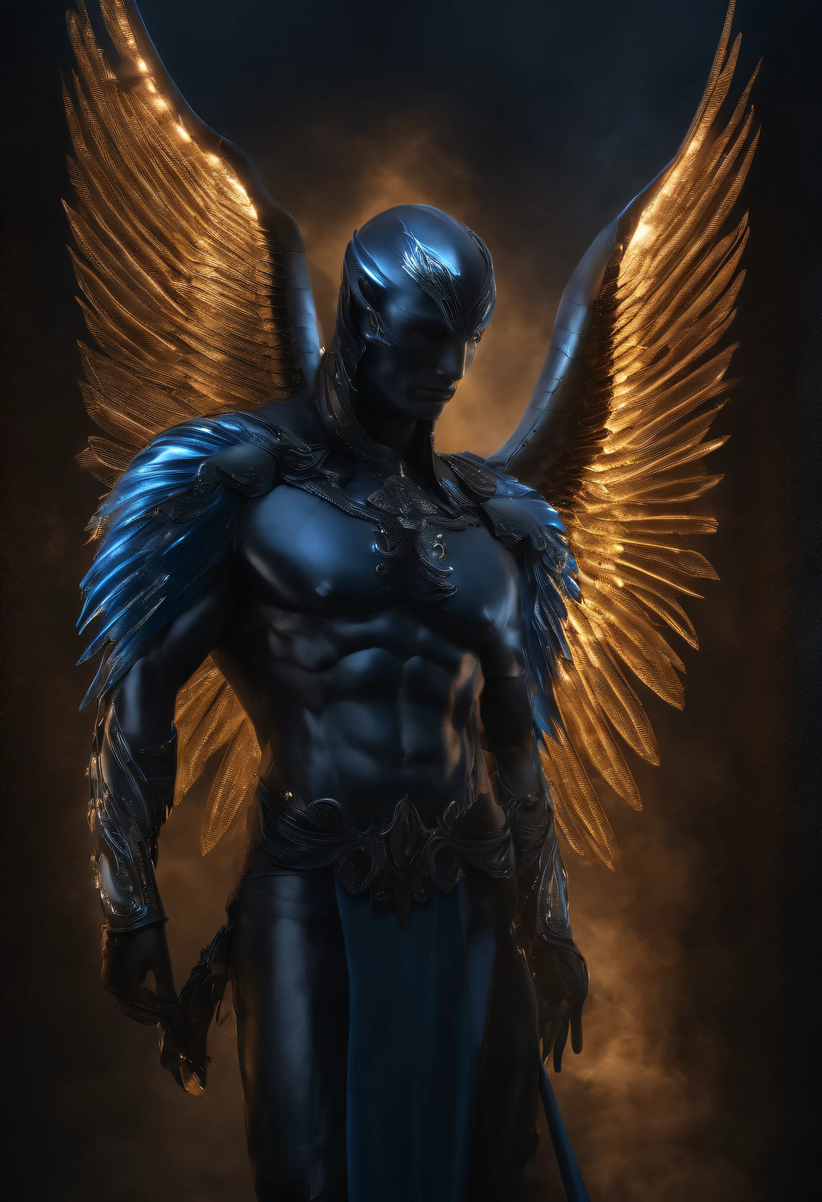 cosmic fallen angel, homem, visto de perfil,  olhos claros brilhantes, Biomechanicals, estranho, assustador, Pesadelo, cores muito brilhantes, light particles, com luz brilhante, Mshiff, Arte do papel de parede, Papel de parede UHD, roupa azul, fundo claro