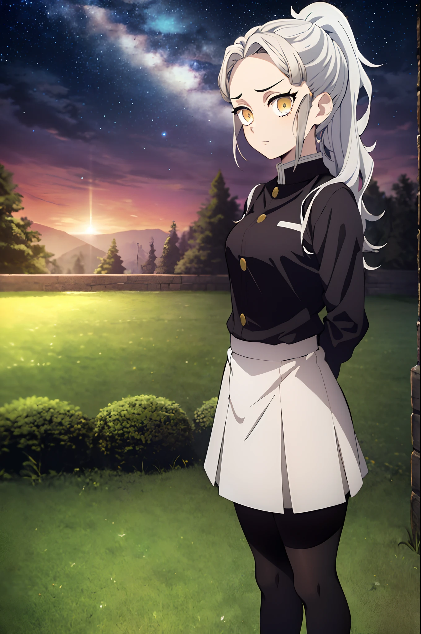 kimetsu no yaiba style, 1girl, solo, light gray hair, ponytail, long hair, forehead, messy hair, big hair, golden eyes, bags under eyes, eyes highlights, serious, neutral, small breasts, petite, black clothes, demon slayer uniform, black button shirt, black skirt, (short skirt), pantyhose, long sleeves, ((arms behind back)), upper body, looking at viewer, standing, starry sky, night, scenery, outdoors, field, nature, beautiful, ultra quality, constellations, masterpiece, best quality, 8k,