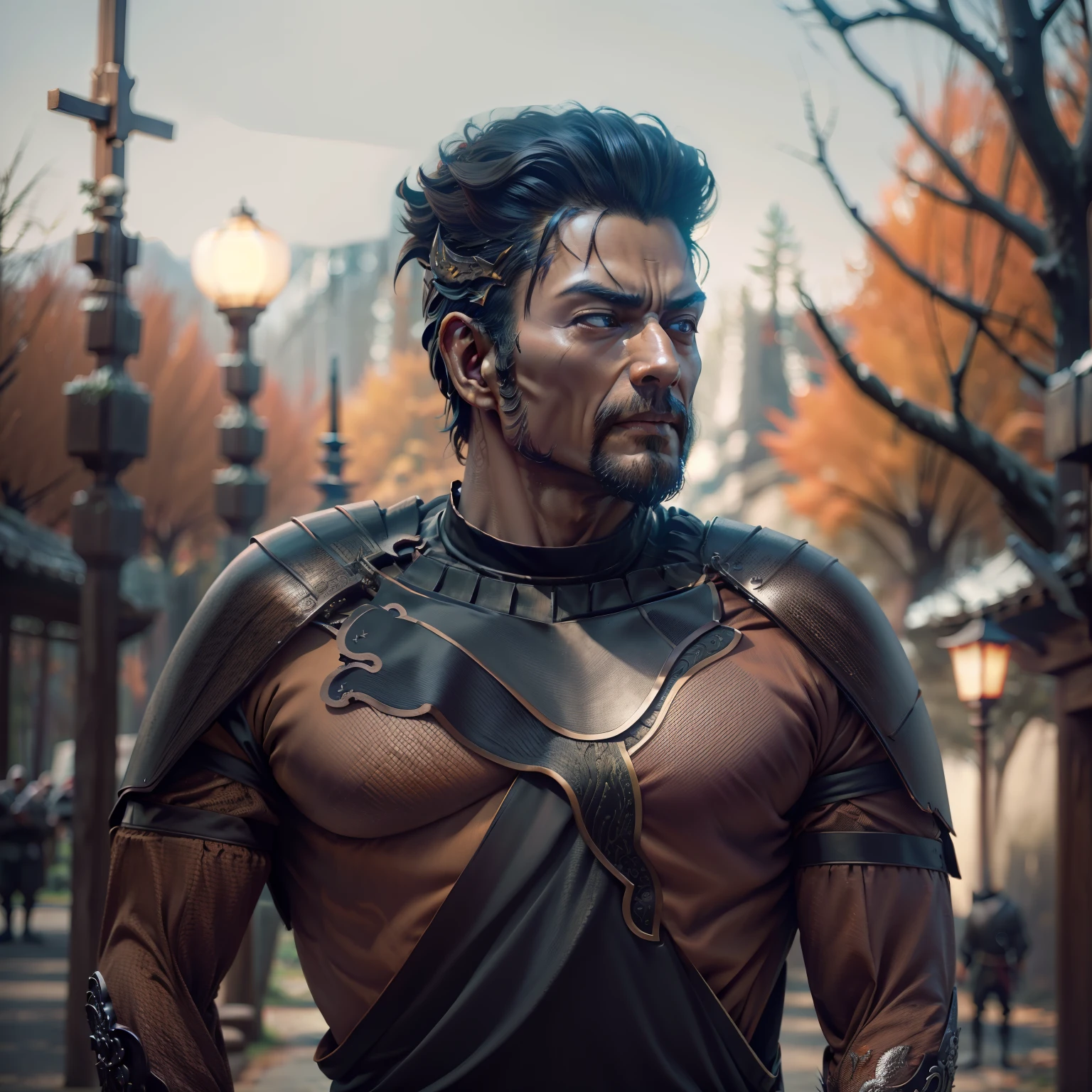 超A high resolution、An ultra-high picture quality、8K、Detailed details、Upper body view、marvelous expression、Fantastic forest landscape、、Fantastic worldview、Devilmen、Thin macho、Dressed in metal armor、Niō Standing、sword in hands、