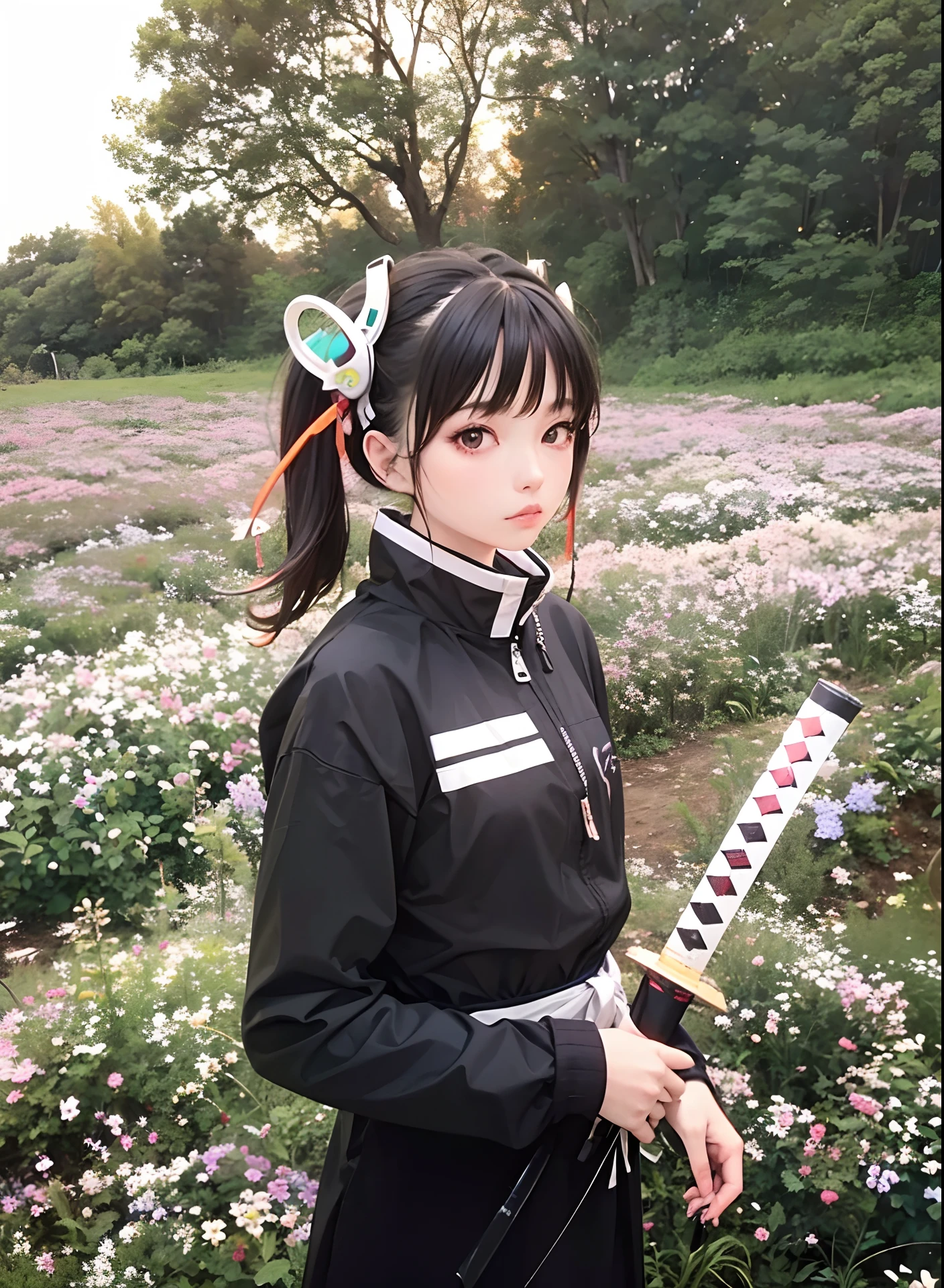 Masterpiece, Cute Japanese cyberpunk girl with Katana, wearing cyberpunk streetwear, high detailed, dinamic neon lighting, dramatic background, 8k