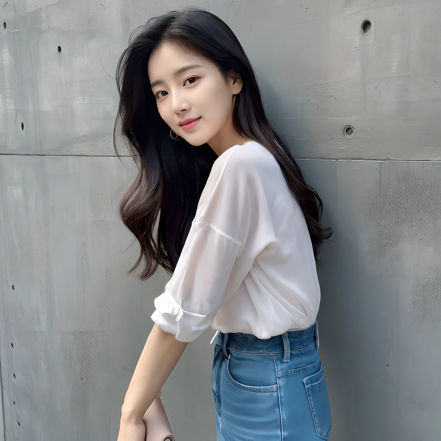 (top-quality、8k、32k、masterpiece、UHD:1.2)、Pictures of cute Korean women、Korean Layered Hair、A dark-haired、The upper part of the body、sface focus、A simply dressed、Simple concrete background、From above、looking at the viewers