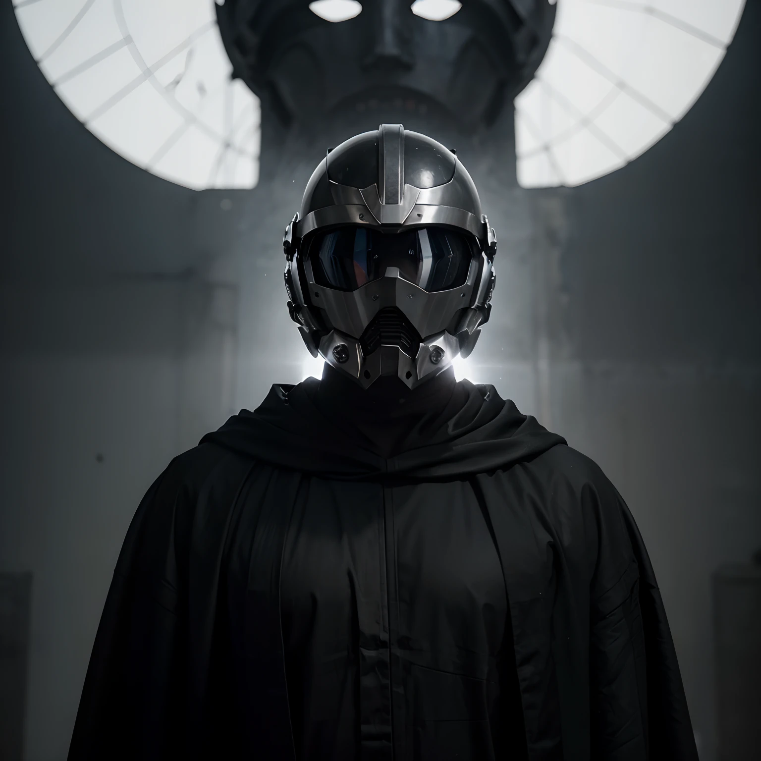 god of void, long black robe with silver armament, futuristic Features, full face helmet