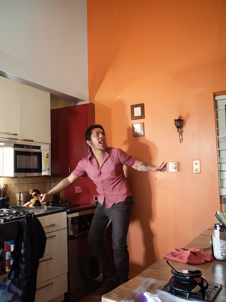 Hay un hombre de pie en una cocina con una botella de vino, imagen de muy muy muy baja calidad, in an action pose, Very artistic pose, he is dancing, insane action pose, Foto de baja calidad, bailando de fondo, Foto muy precisa, en una cocina, Toss spaghetti and meatballs, imagen borrosa, en la cocina, Dramatic Action Taking, Dabbing, artistic pose
