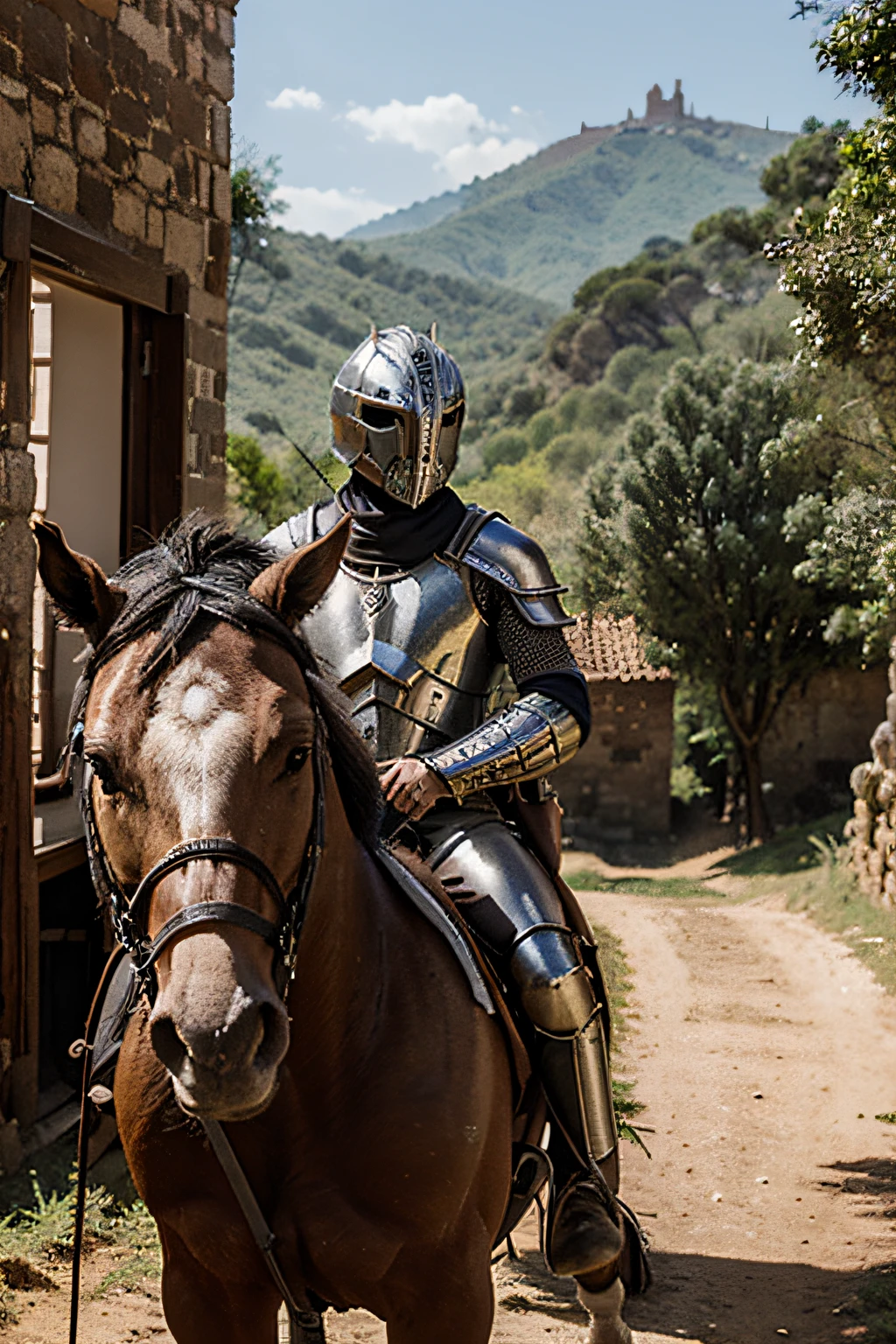 Cavaleiro com armadura em cenario com riachos e castelos