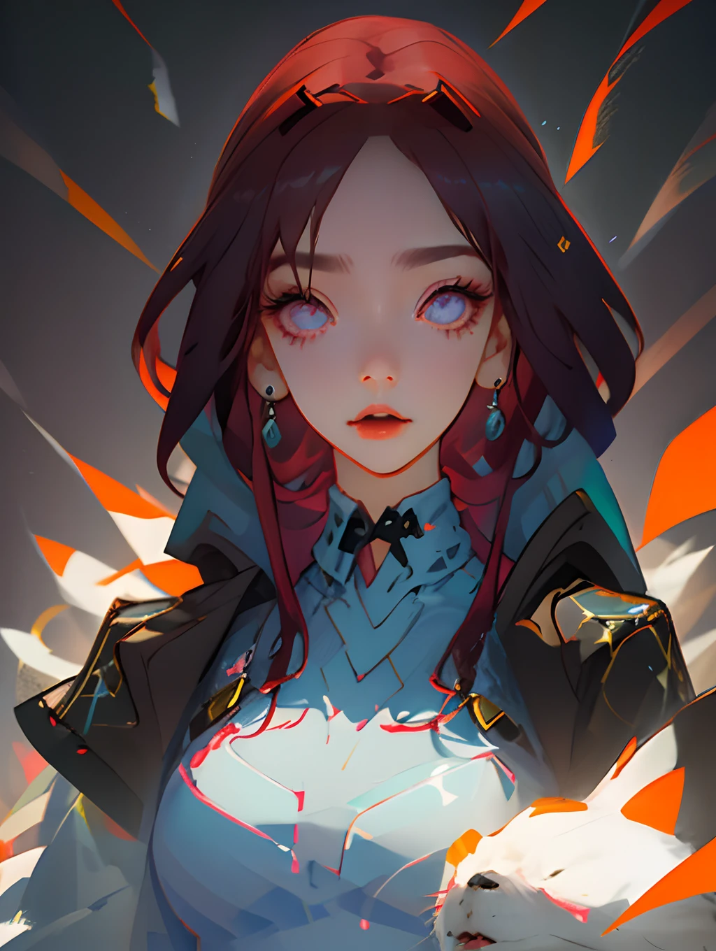 girl with、Long、A dark-haired、parka、piercings