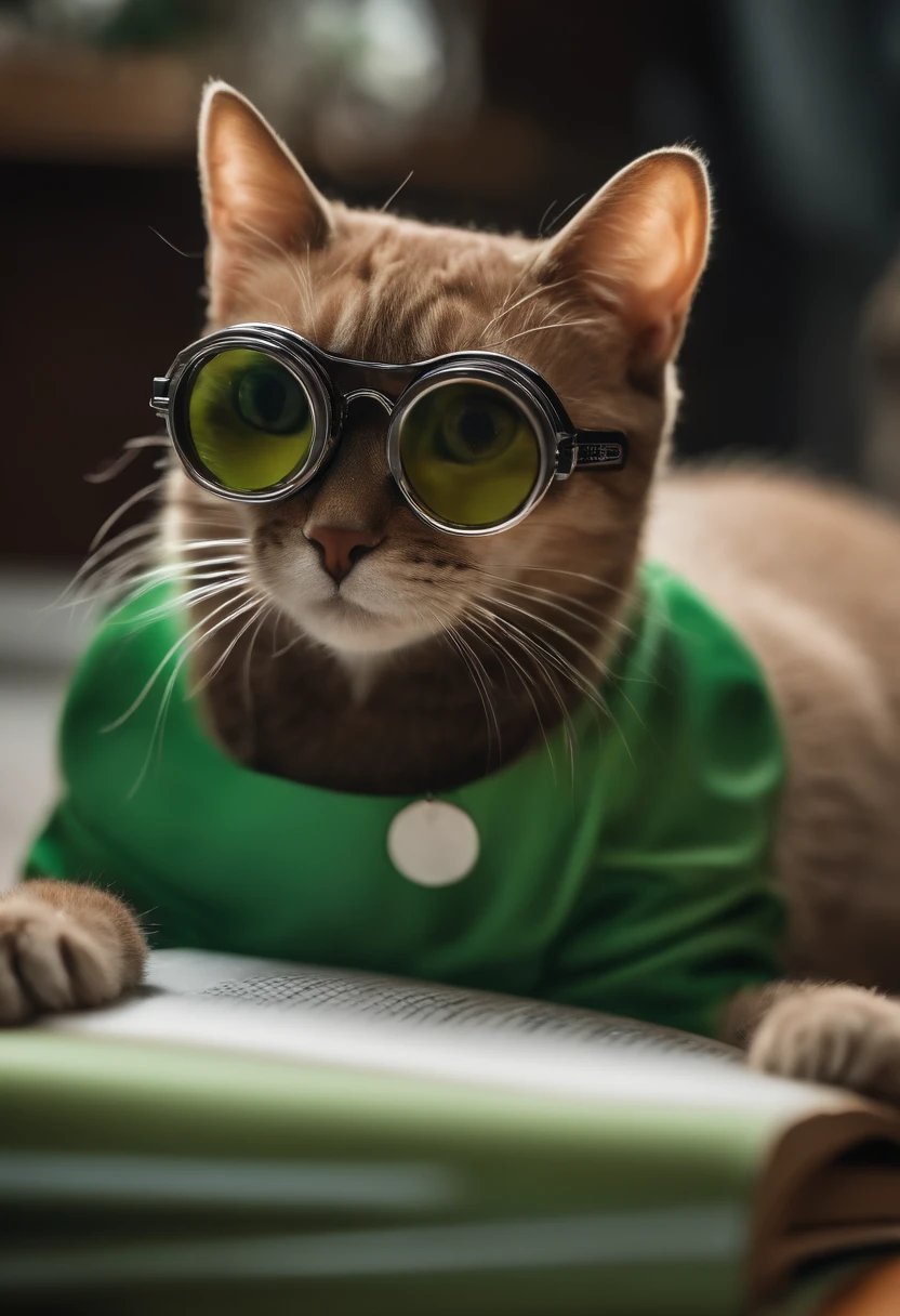 ((imagem super detalhada, auta resolution, 8k, rosto detalhado)) super estudiosa, na sala de uma casa lendo em um livro, wearing goggles, feliz, concentrada, dynamics, pele clara, olhos verdes, vestida com fantasia de gatinho,