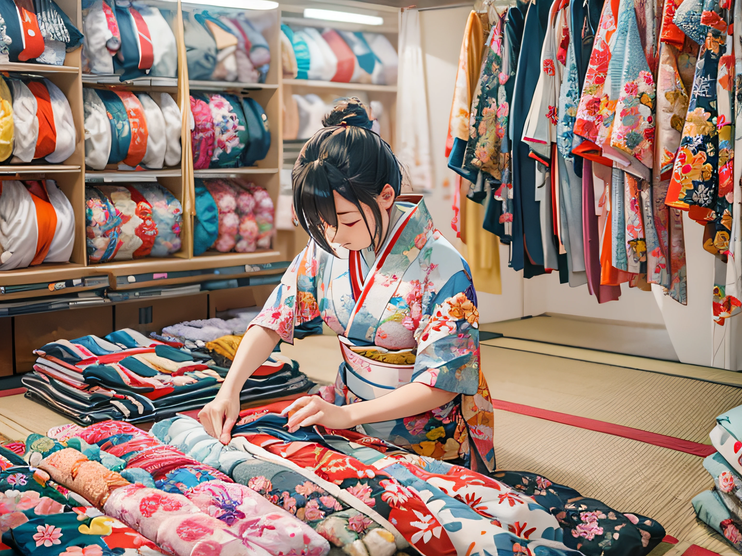 Woman folding kimono in Japan kimono shop