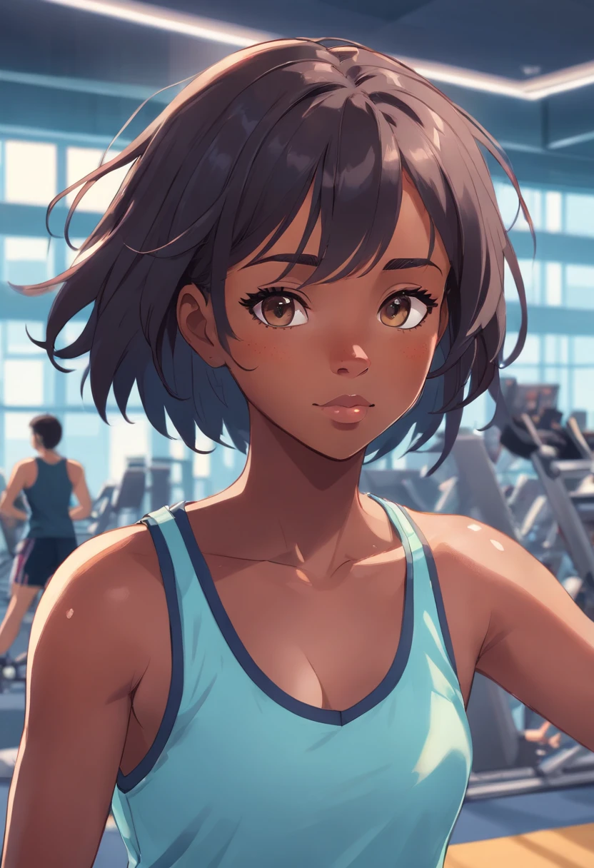 Cute black girl with freckles and makeup at a gym