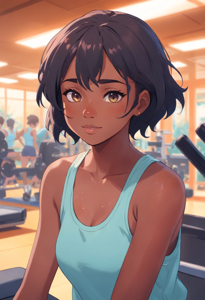 Cute black girl with freckles and makeup at a gym