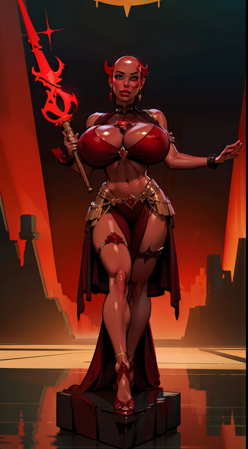 1girl, beautiful (((dark devil empress))), detailed eyes, (((detailed face))), mature face, athletic body, looking at viewers,full body, light smile,(gigantic breasts:1.4)detailed skin, colored skin(dark red skin:1.9), horns on head, (((bald:1.4))), mature body, tall body,seductive body,medium big breast, medium thigh,((no hair1.8)), spike pasties,detailed clothes BREAK desert and skull shoulders, holding only one long and thick dark scepter, highly saturating beams, holy ceremony, golden and red spark dazzling around, crown , golden majical lightning, best quality, masterpiece, trending on Art station,BREAK,Detailed,Realistic,4k highly detailed digital art,octane render, bioluminescent, cinematic lighting BREAK 8K resolution concept art, realism,by Mappa studios,masterpiece,best quality,official art,illustration,ligne claire,(cool_color),perfect composition,absurdres, fantasy,focuse, red and gold color palette,(((stands on cracked pedestal)))