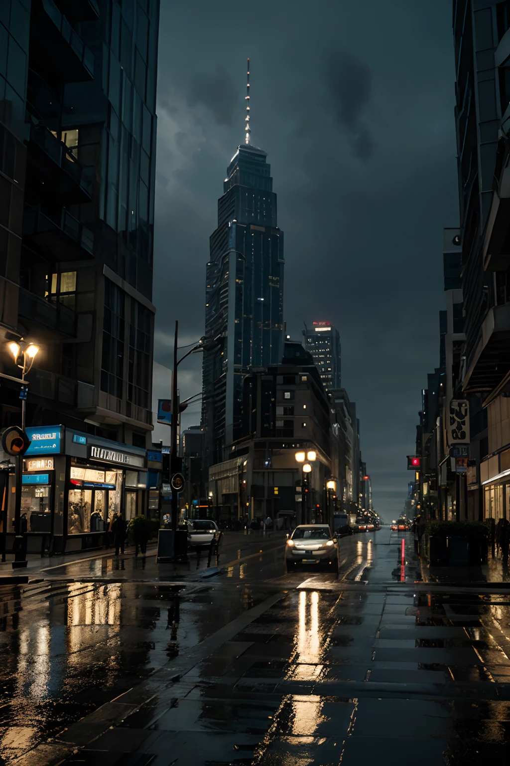 skyscraper,photo realistic, photorealistic,Rainy,Streetlamp,night,realism,Bicycle,Dynamic