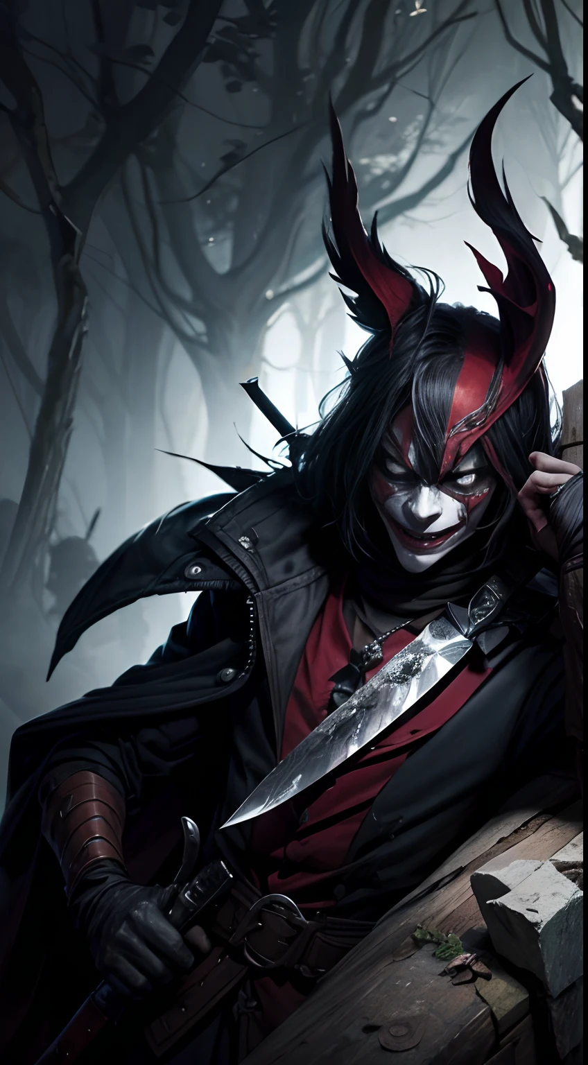 Shaco de League of Legends, portant une et un ((bloody knife in hand)). Les ombres devraient danser autour de lui, visage de joker . The background should be dense, woods . Montrez des illusions floues de Shaco se multipliant et disparaissant, reflecting its ability to create decoys and confuse. Make sure of every detail, from Shaco's distorted mask to the bloody glow of his knife, is rendered in a disturbing and realistic manner."
