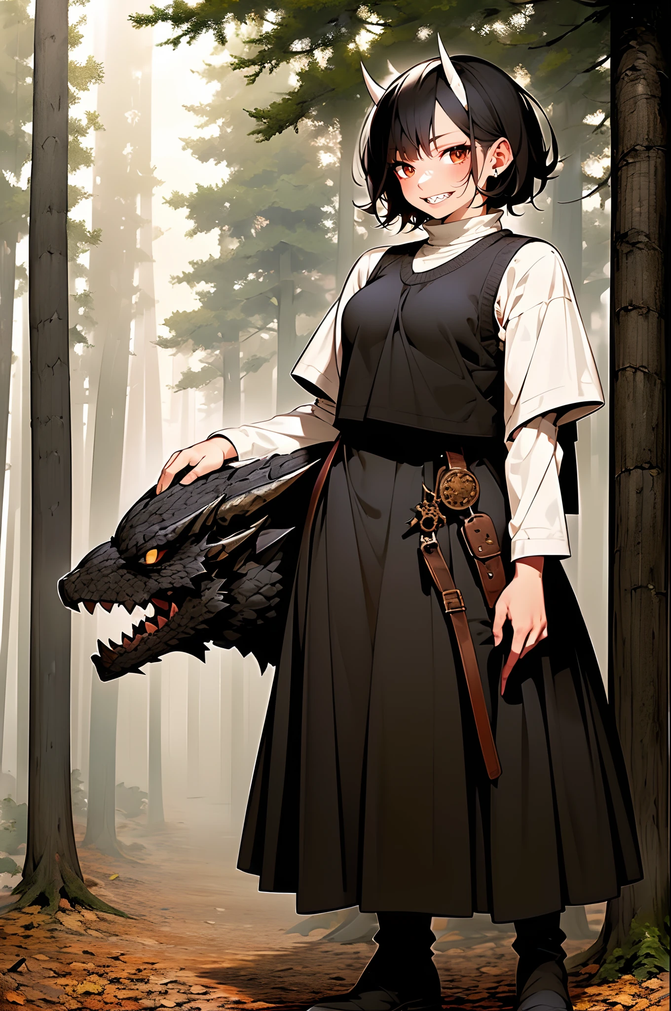 short hair, youngirl,black hair, vest, pullover, dragon horns, sharpteeth, standing, smile, full body , boots, long skirt, winter dress,, forest, woman-medieval-clothes, horns