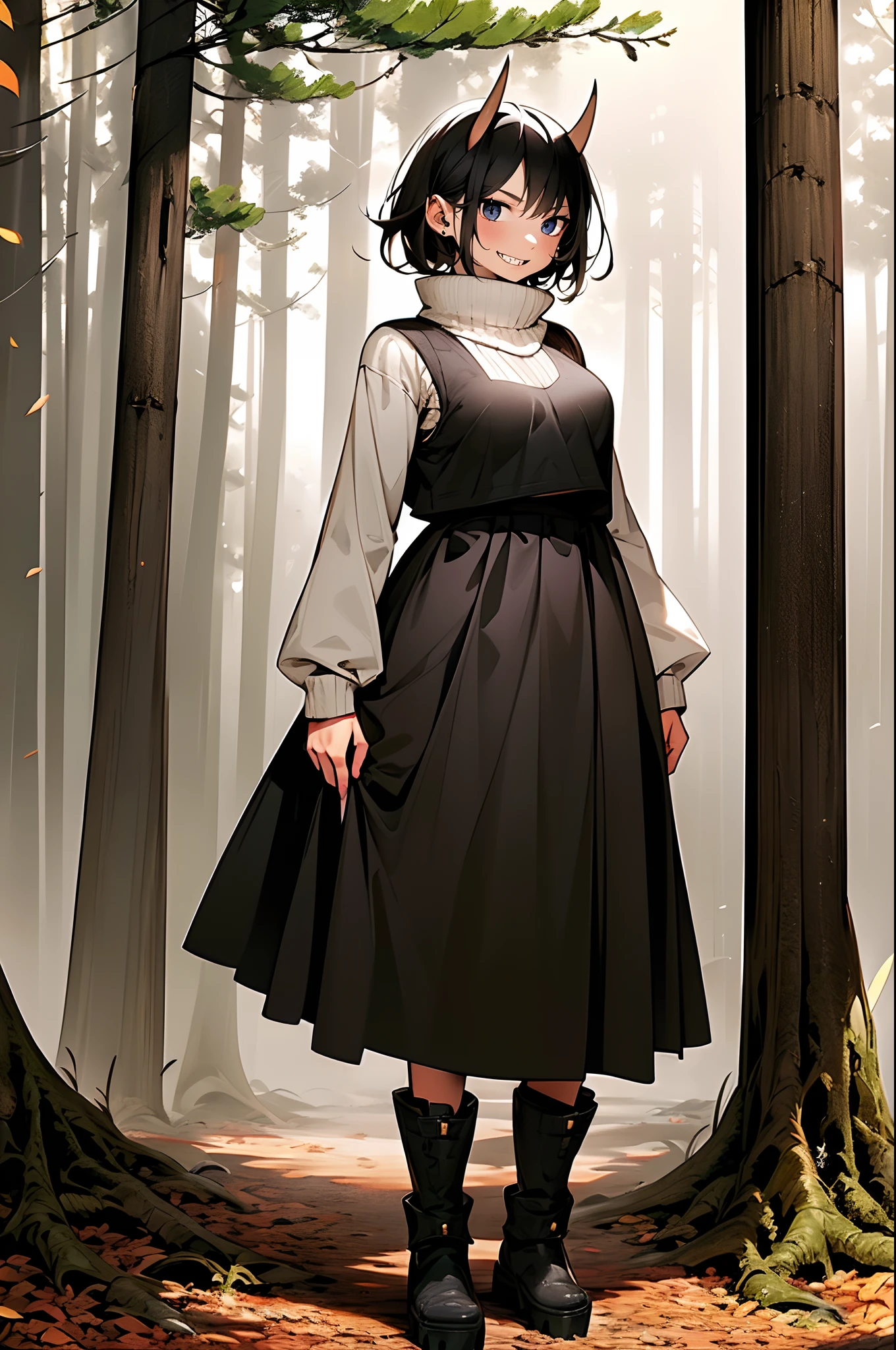 short hair, youngirl,black hair, vest, pullover, dragon horns, sharpteeth, standing, smile, full body , boots, long skirt, winter dress,, forest, woman-medieval-clothes, horns