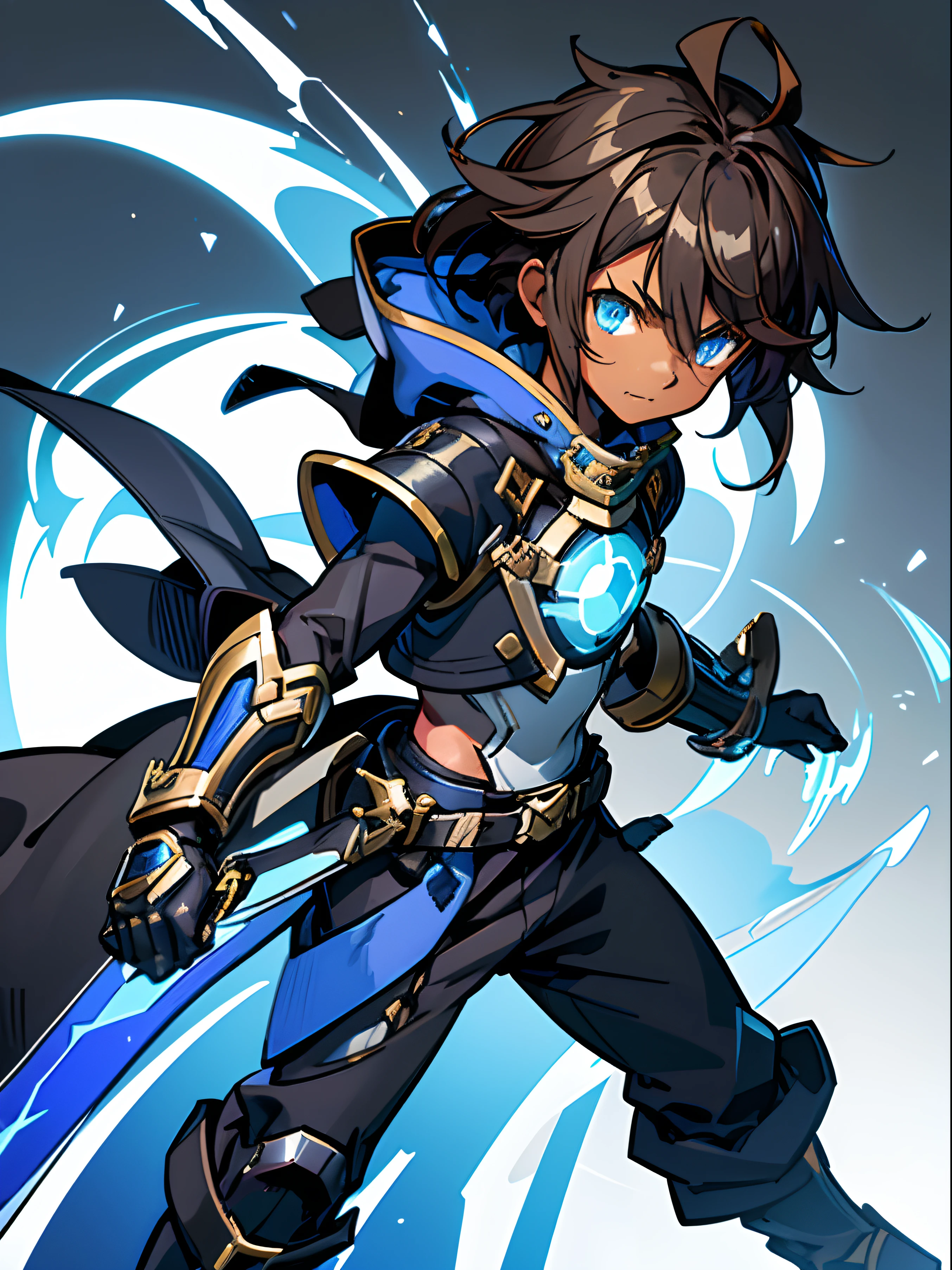 High res, cute (1 shota) dark skin child, with blue eyes, long dark brown hair, wearing a black powersuit with a long waistcloak , baggy pants and blue gaunlets, holding a Sword, xenoblade chronicles 2,