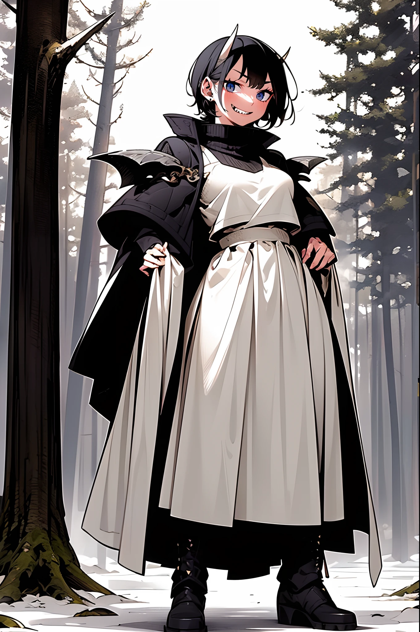 short hair, youngirl,black hair, vest, pullover, dragon horns, sharpteeth, standing, smile, full body , boots, long skirt, winter dress,, forest, woman-medieval-clothes, horns