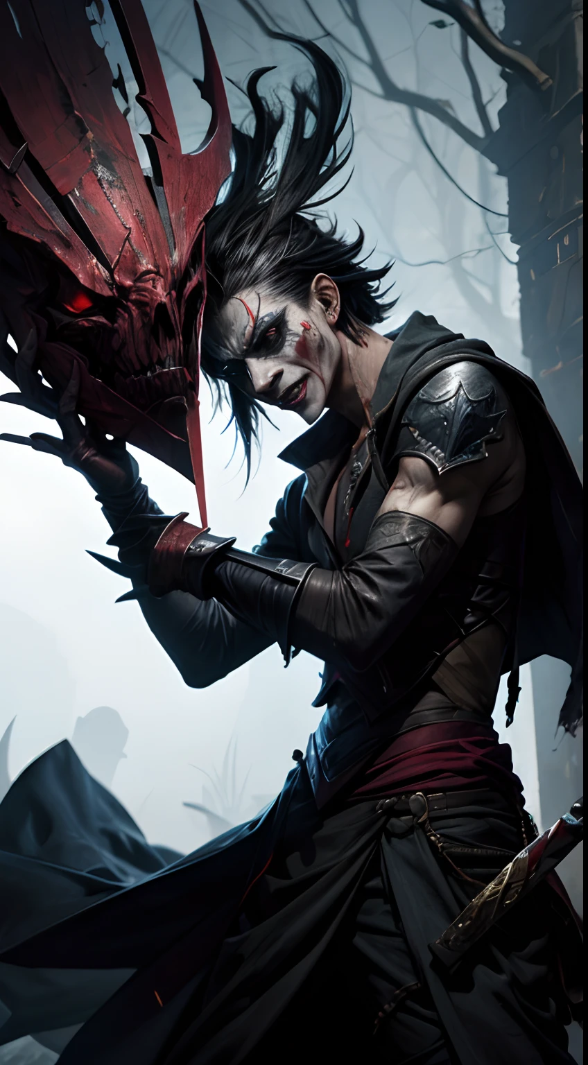 Shaco de League of Legends, portant une  et un ((bloody knife in hand)). Les ombres devraient danser autour de lui, visage de joker . The background should be dense, woods . Montrez des illusions floues de Shaco se multipliant et disparaissant, reflecting its ability to create decoys and confuse. Make sure of every detail, from Shaco's distorted mask to the bloody glow of his knife, is rendered in an unsettling and realistic way."