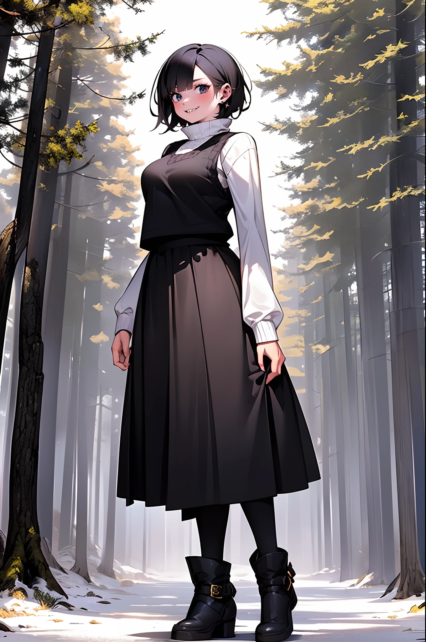 short hair, youngirl,black hair, vest, pullover, dragon horns, sharpteeth, standing, smile, full body , boots, long skirt, winter dress,, forest, woman-medieval-clothes, horns