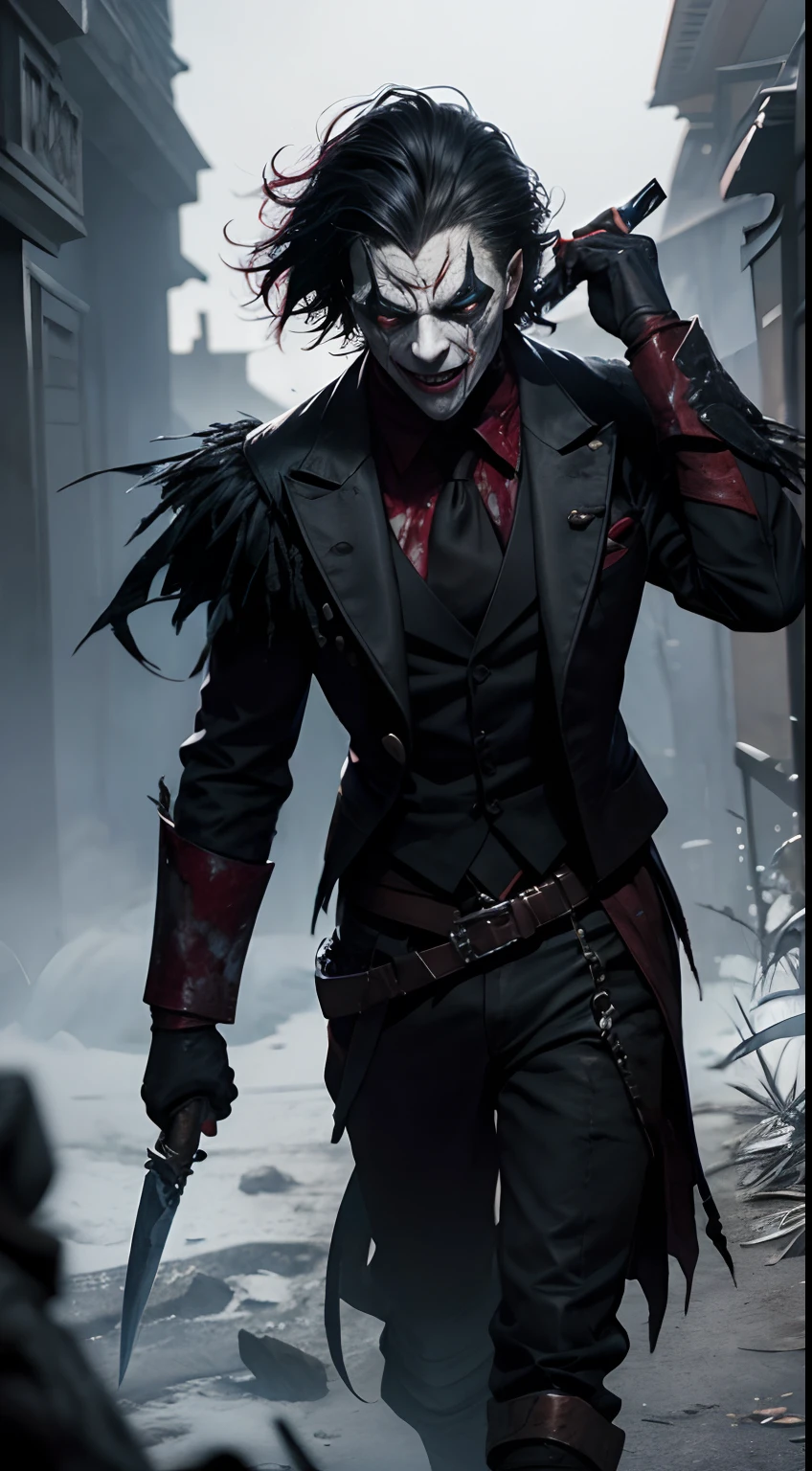 Shaco de League of Legends, portant une  et un ((bloody knife in hand)). Les ombres devraient danser autour de lui, visage de joker . The background should be dense, woods . Montrez des illusions floues de Shaco se multipliant et disparaissant, reflecting its ability to create decoys and confuse. Make sure of every detail, from Shaco's distorted mask to the bloody glow of his knife, is rendered in an unsettling and realistic way."