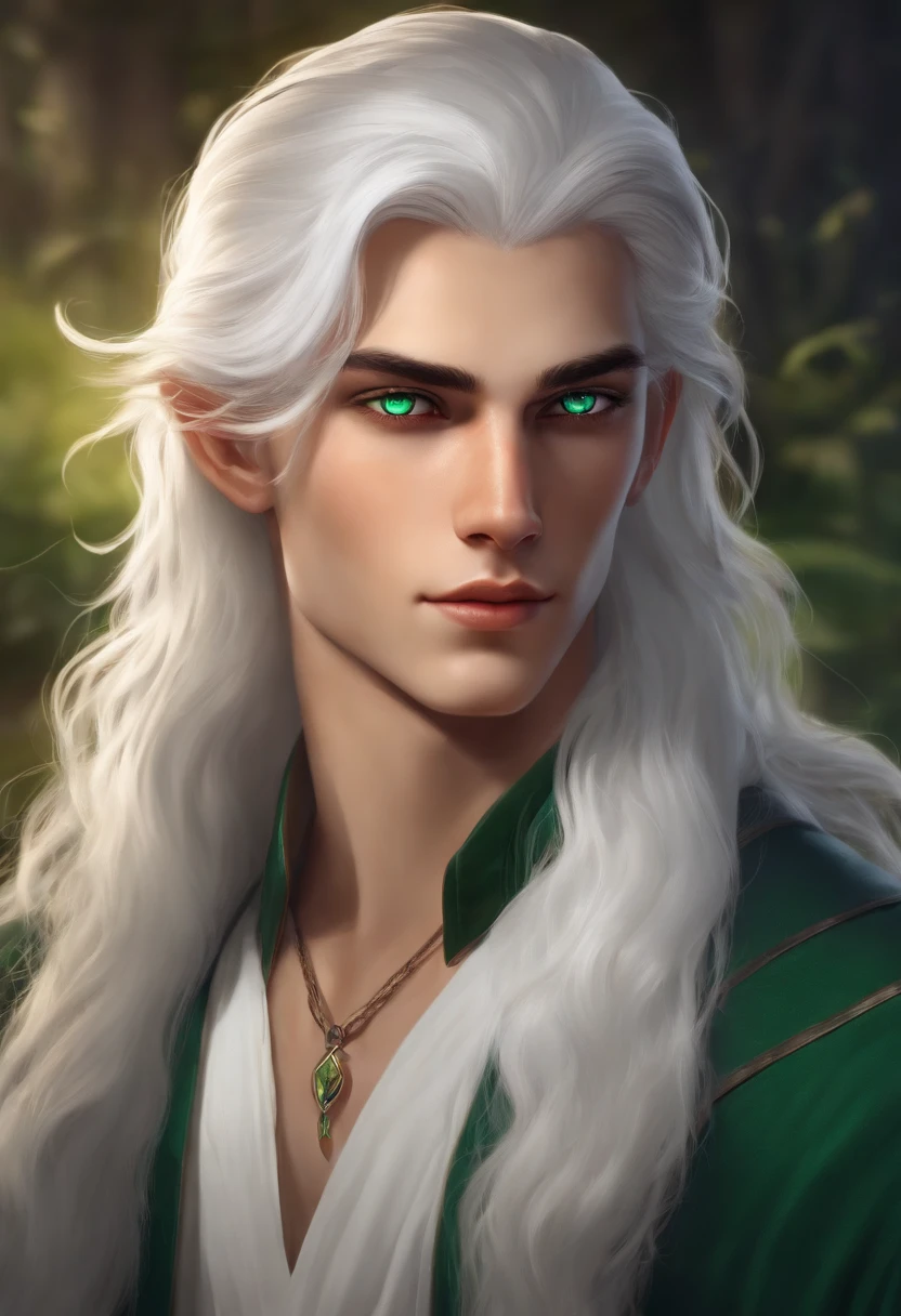 "Generate an image of my 18-year-old D&D character with emerald eyes, slightly long white hair, white skin,. He wears comfortable yet neat clothes. Please create a detailed illustration of this character for our campaign."