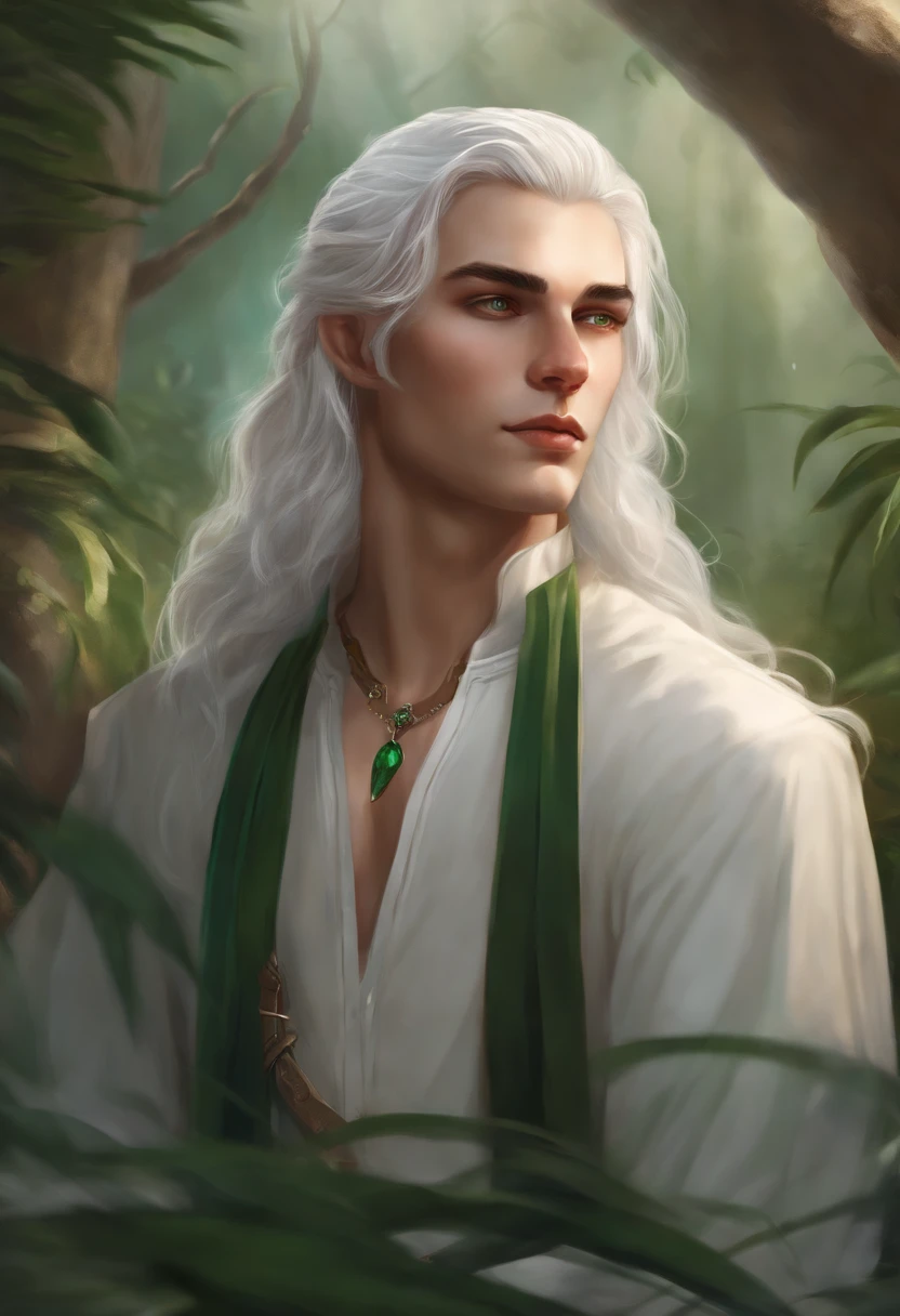 "Generate an image of my 18-year-old D&D character with emerald eyes, slightly long white hair, white skin,. He wears comfortable yet neat clothes. Please create a detailed illustration of this character for our campaign."