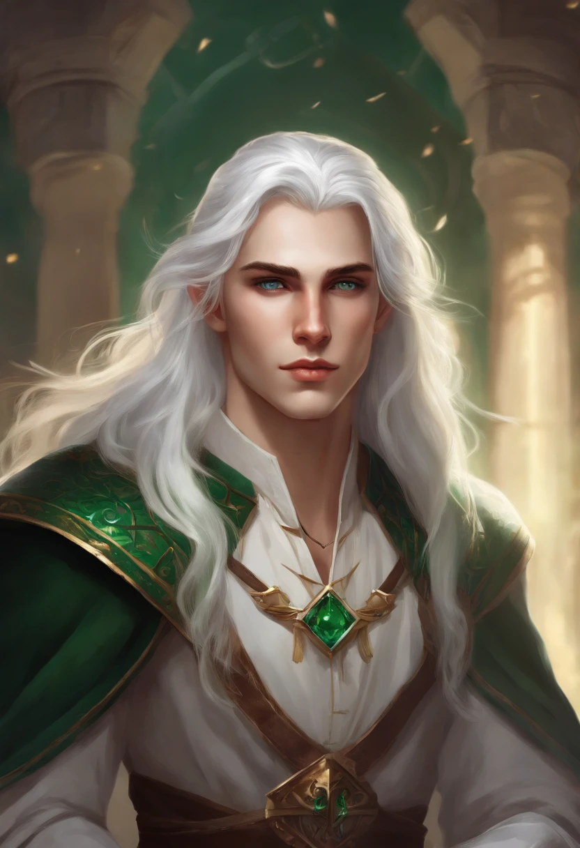 "Generate an image of my 18-year-old D&D character with emerald eyes, slightly long white hair, white skin,. He wears comfortable yet neat clothes. Please create a detailed illustration of this character for our campaign."